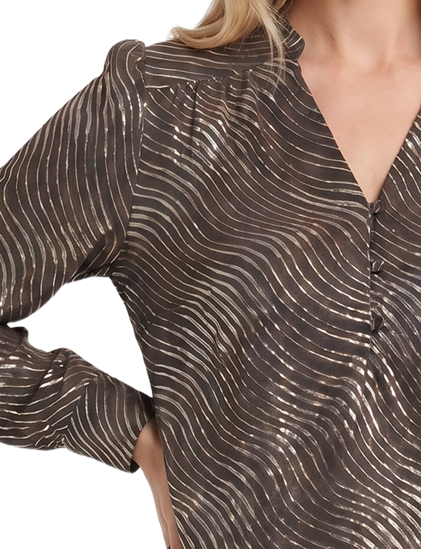 Long Sleeve V Neck Blouse with Metallic Print thumbnail 2