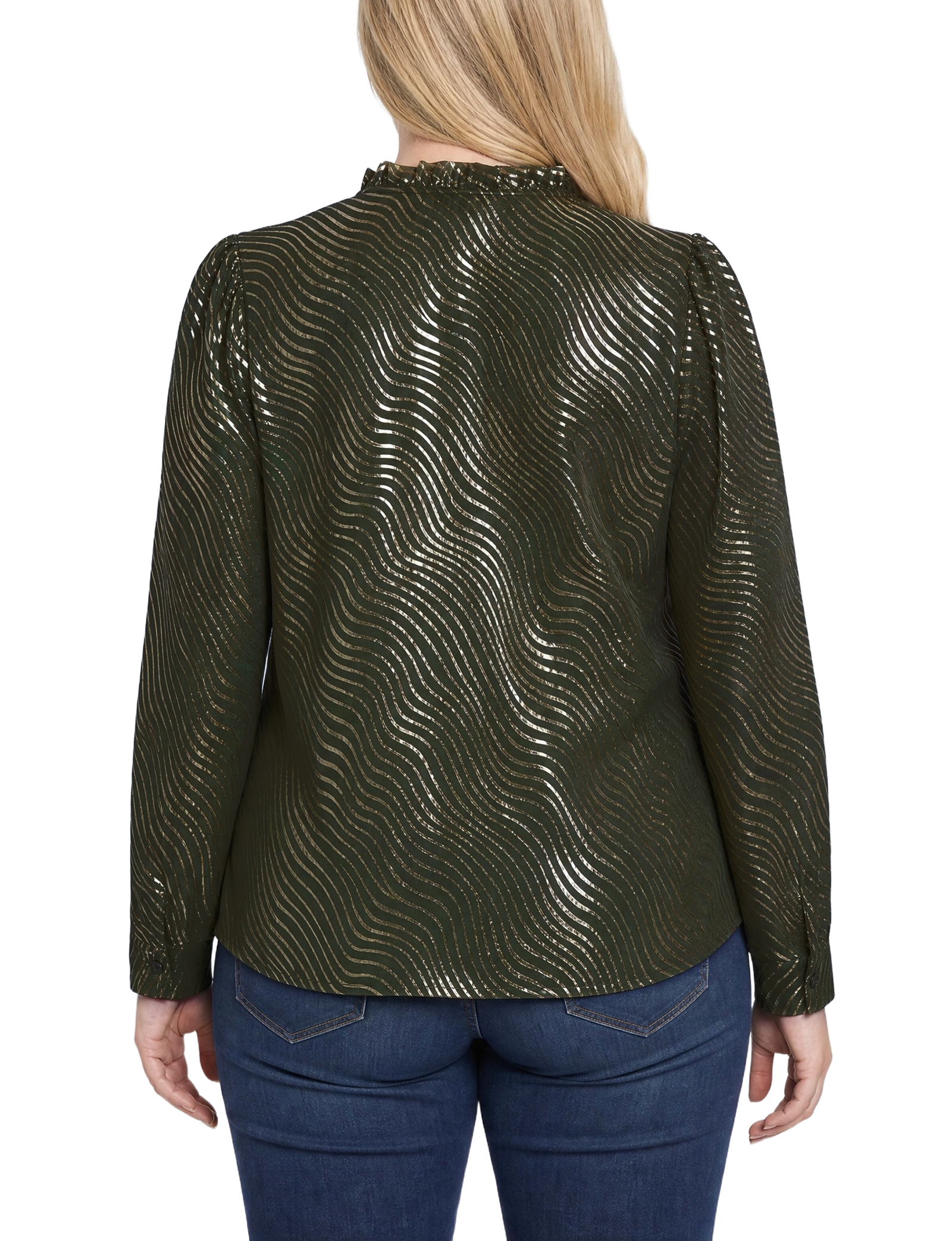 Plus Size Long Sleeve V-Neck Blouse with Metallic Print thumbnail 3
