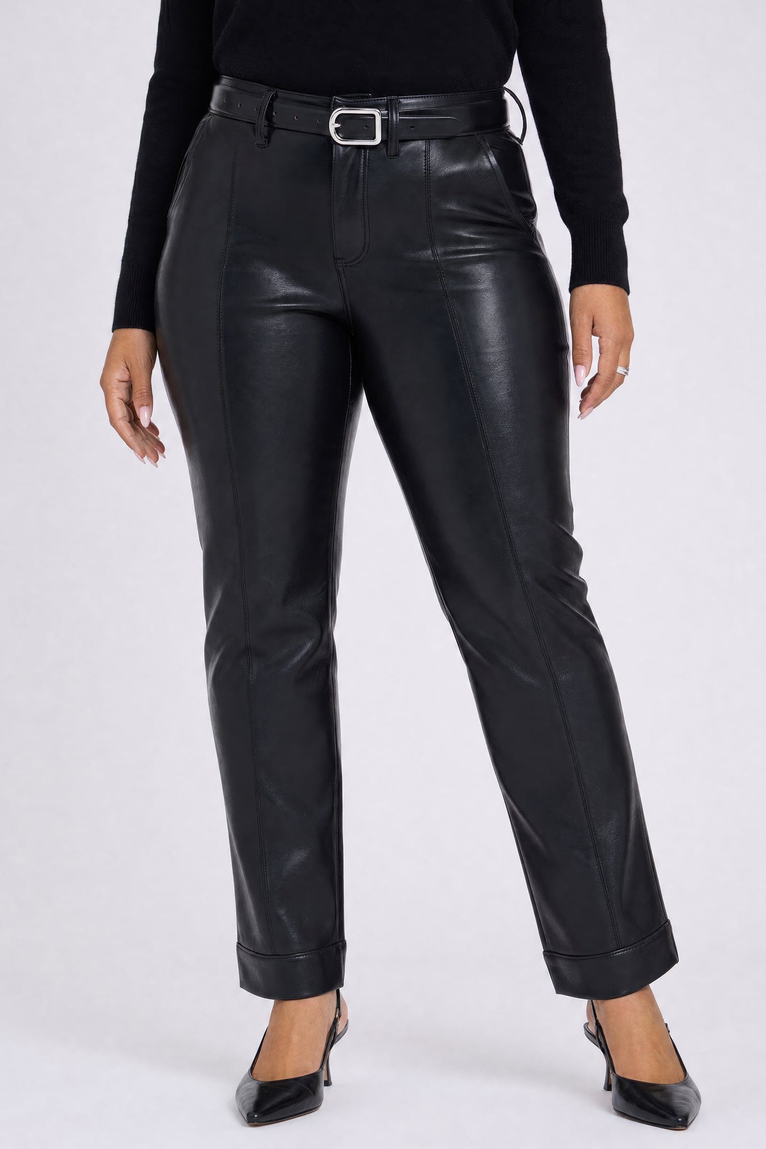 Vegan Leather Marilyn Straight Pants with Band Hems in Plus Size thumbnail 4