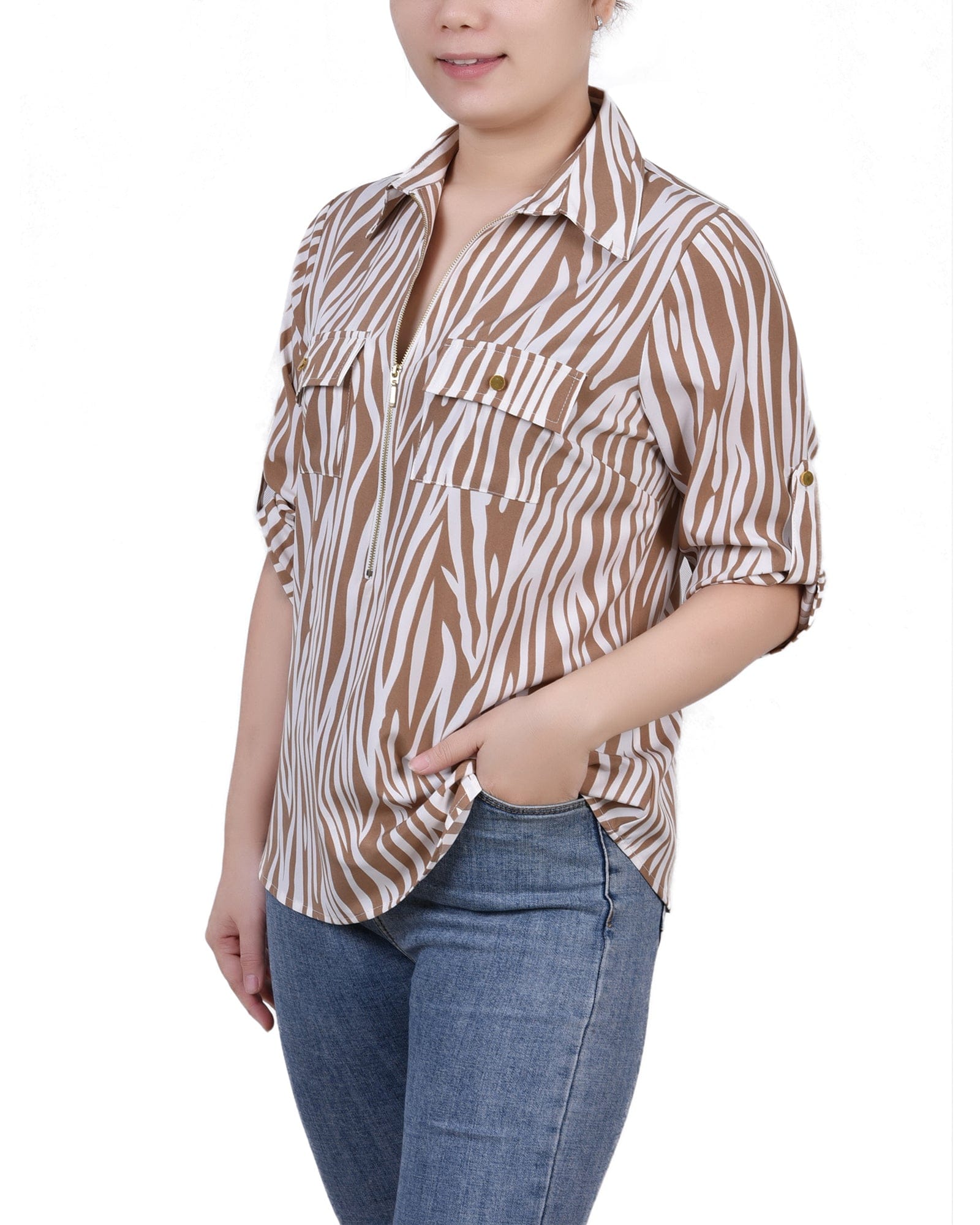 Petite 3/4 Roll Tab Sleeve Zip Front Top thumbnail 2