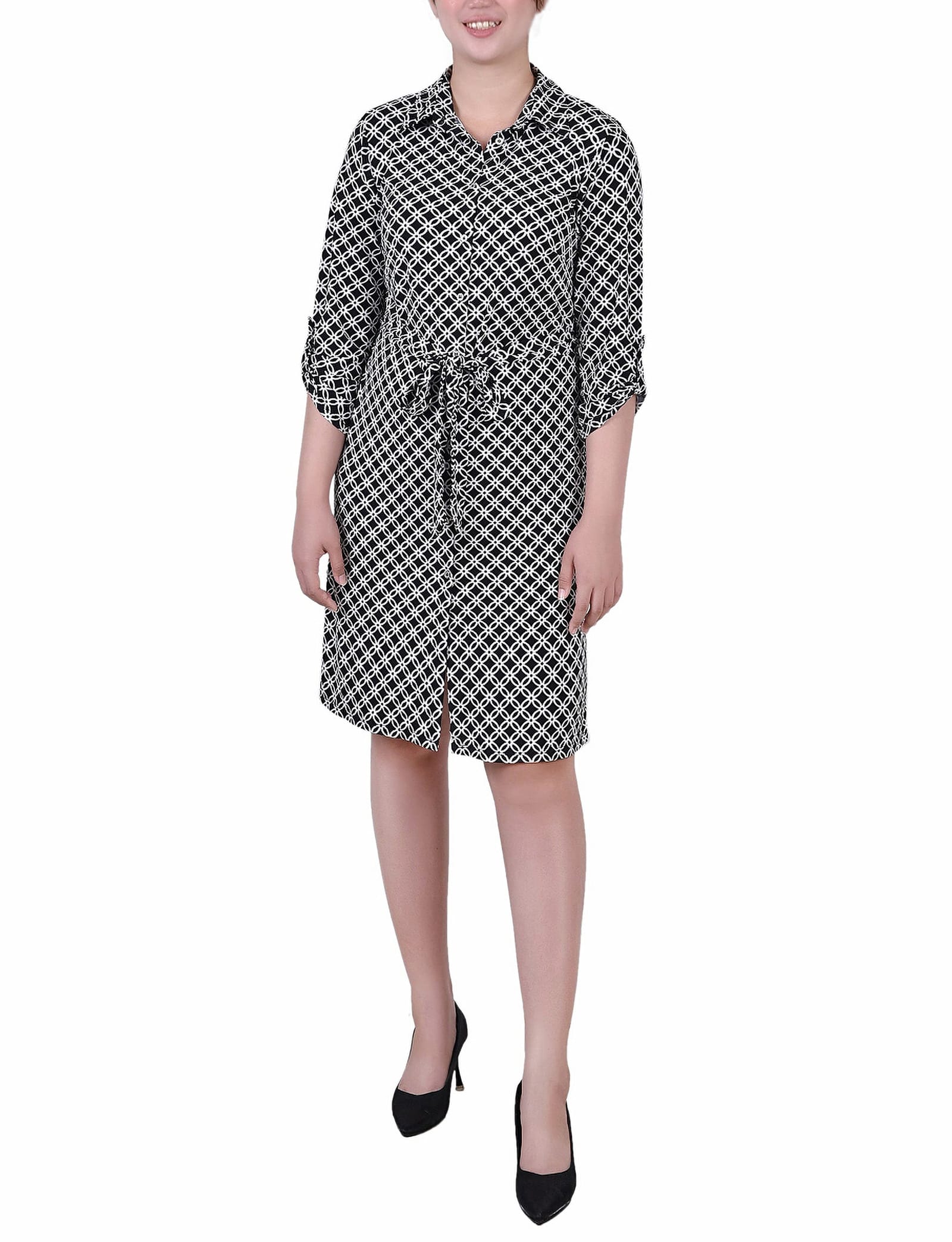 Petite 3/4 Roll Tab Sleeve Belted Shirtdress