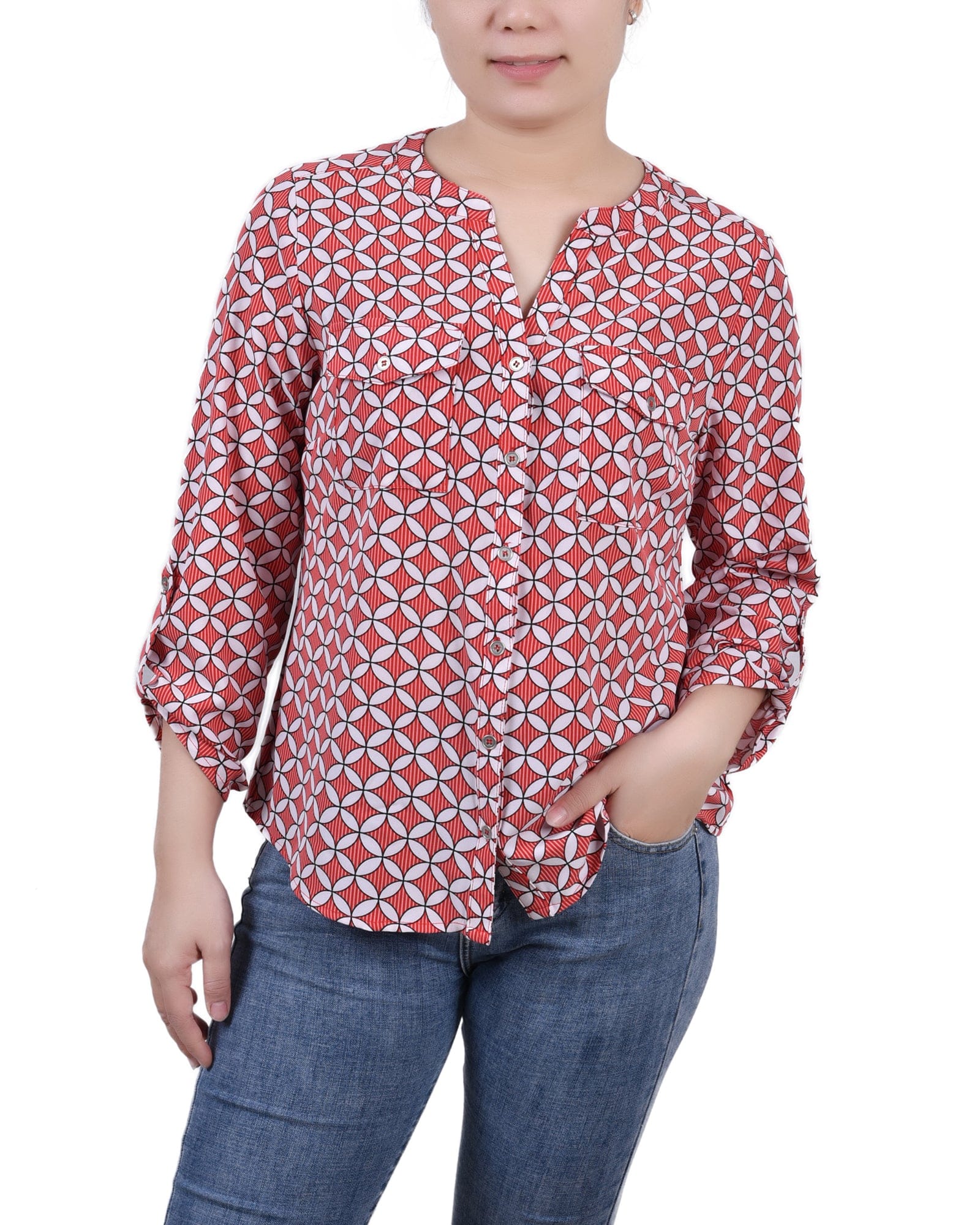 Petite 3/4 Sleeve Roll Tab Y Neck Blouse