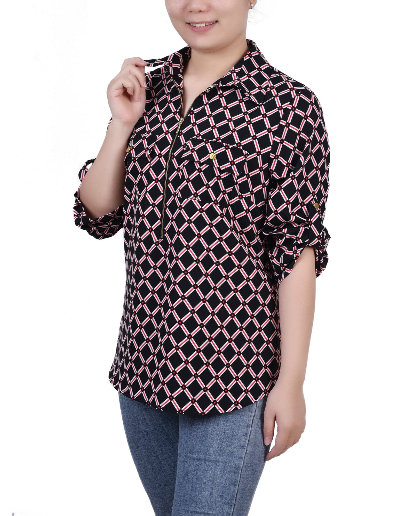 Petite 3/4 Roll Tab Sleeve Zip Front Top thumbnail 2