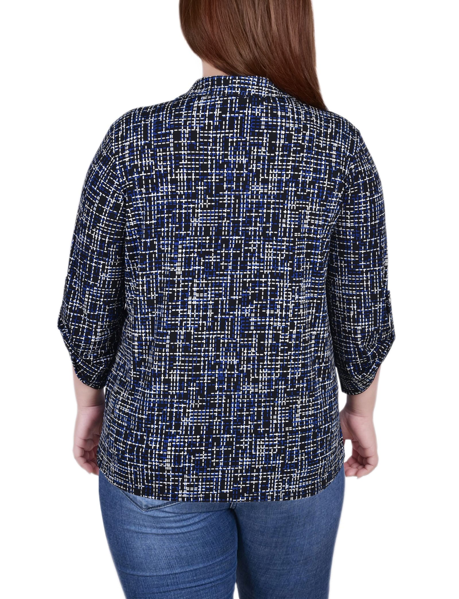 Plus Size 3/4 Roll Tab Sleeve Studded Y Neck Top thumbnail 2