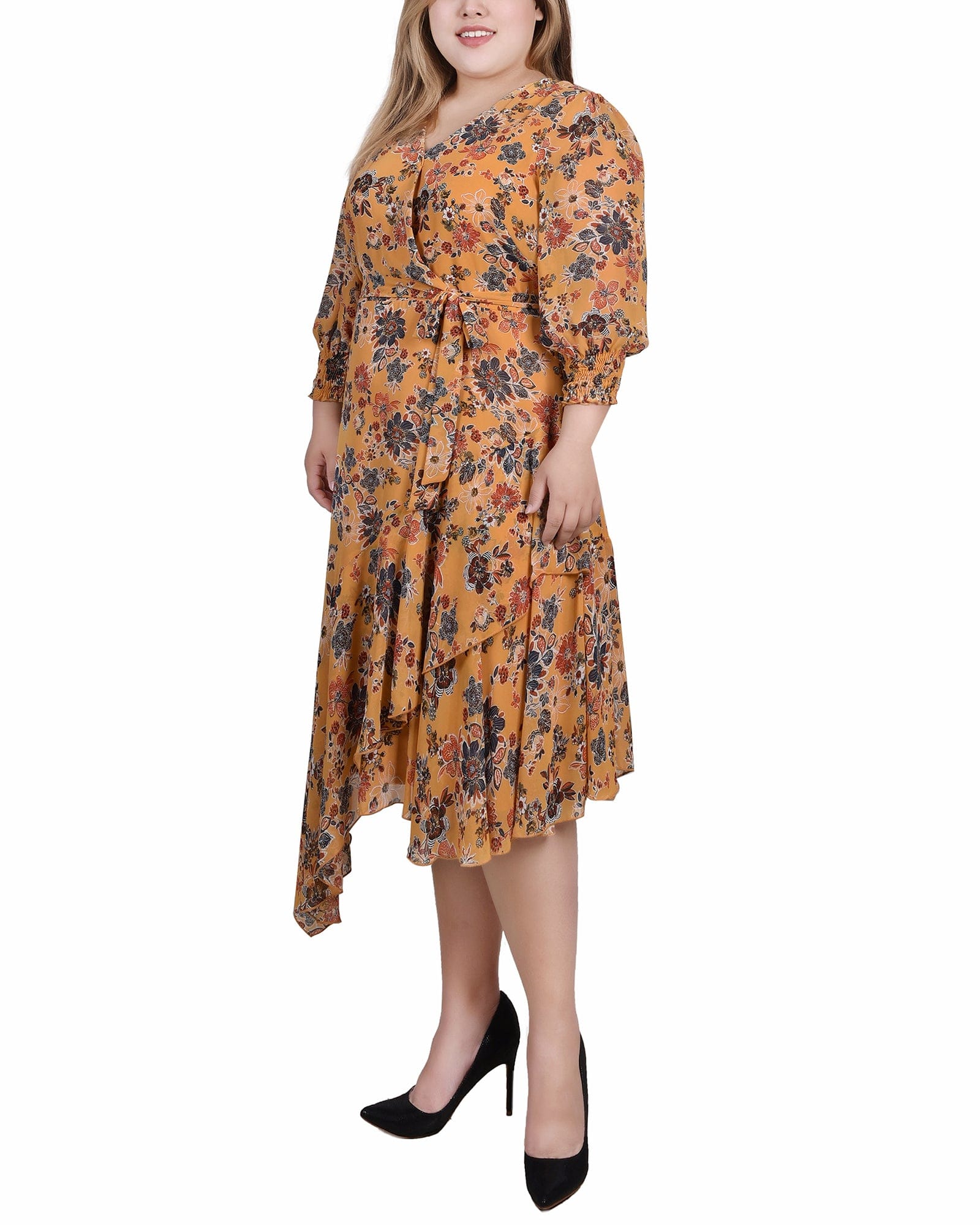 Plus Size 3/4 Sleeve Belted Chiffon Handkerchief Hem Dress thumbnail 2