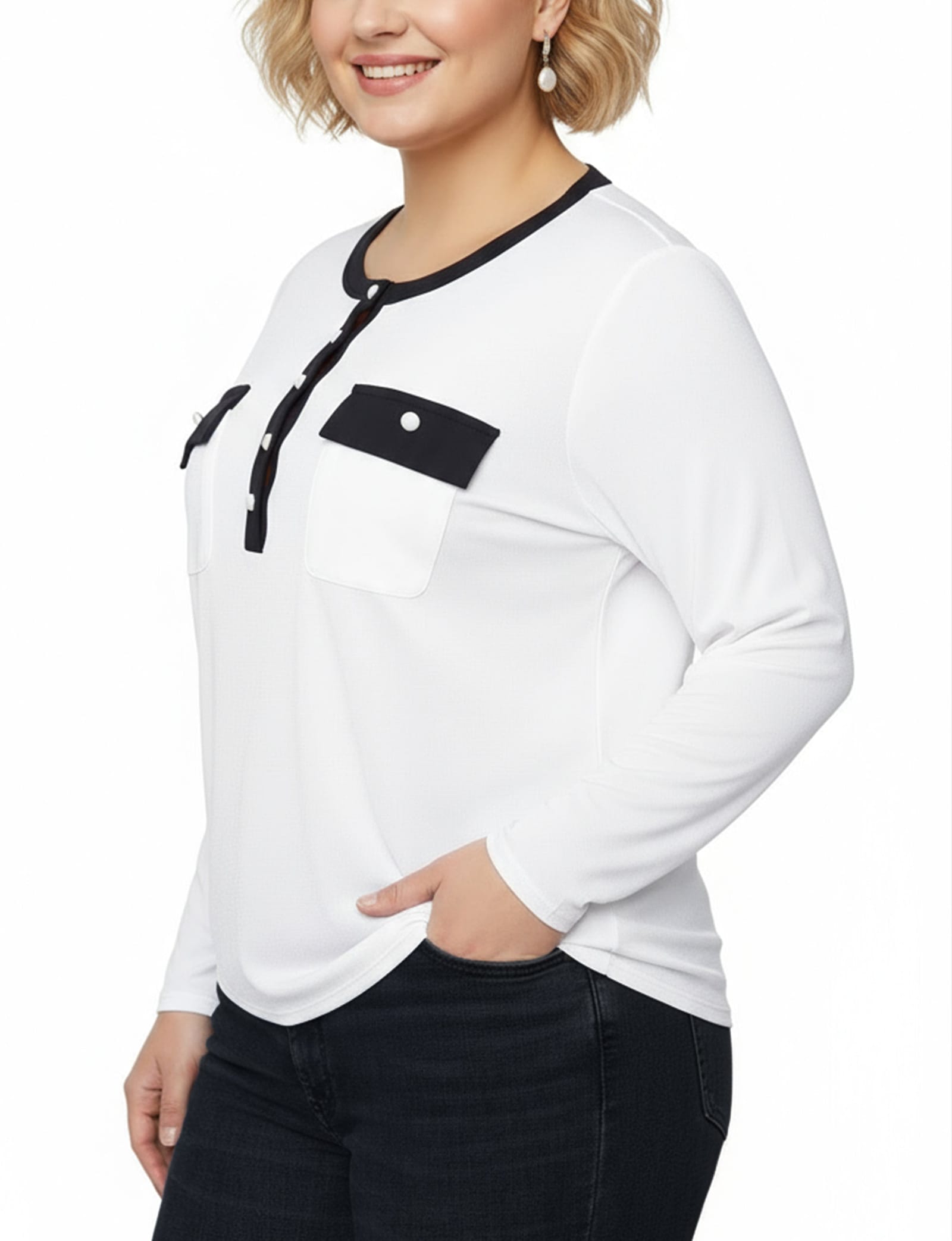 Plus Size Long Sleeve Contrast Detail Top thumbnail 2