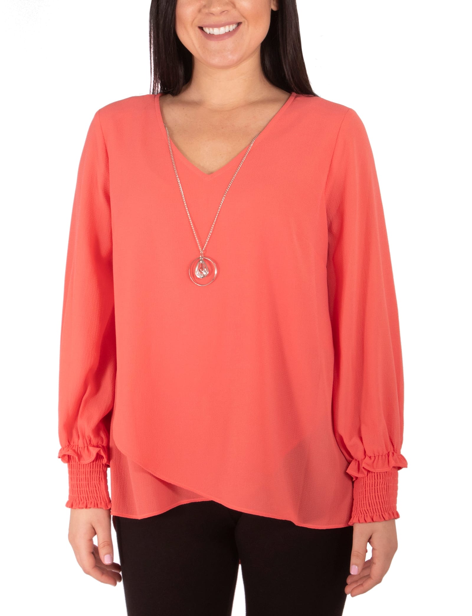 Petite Long Sleeve Overlapping Crepe Blouse with Necklace
