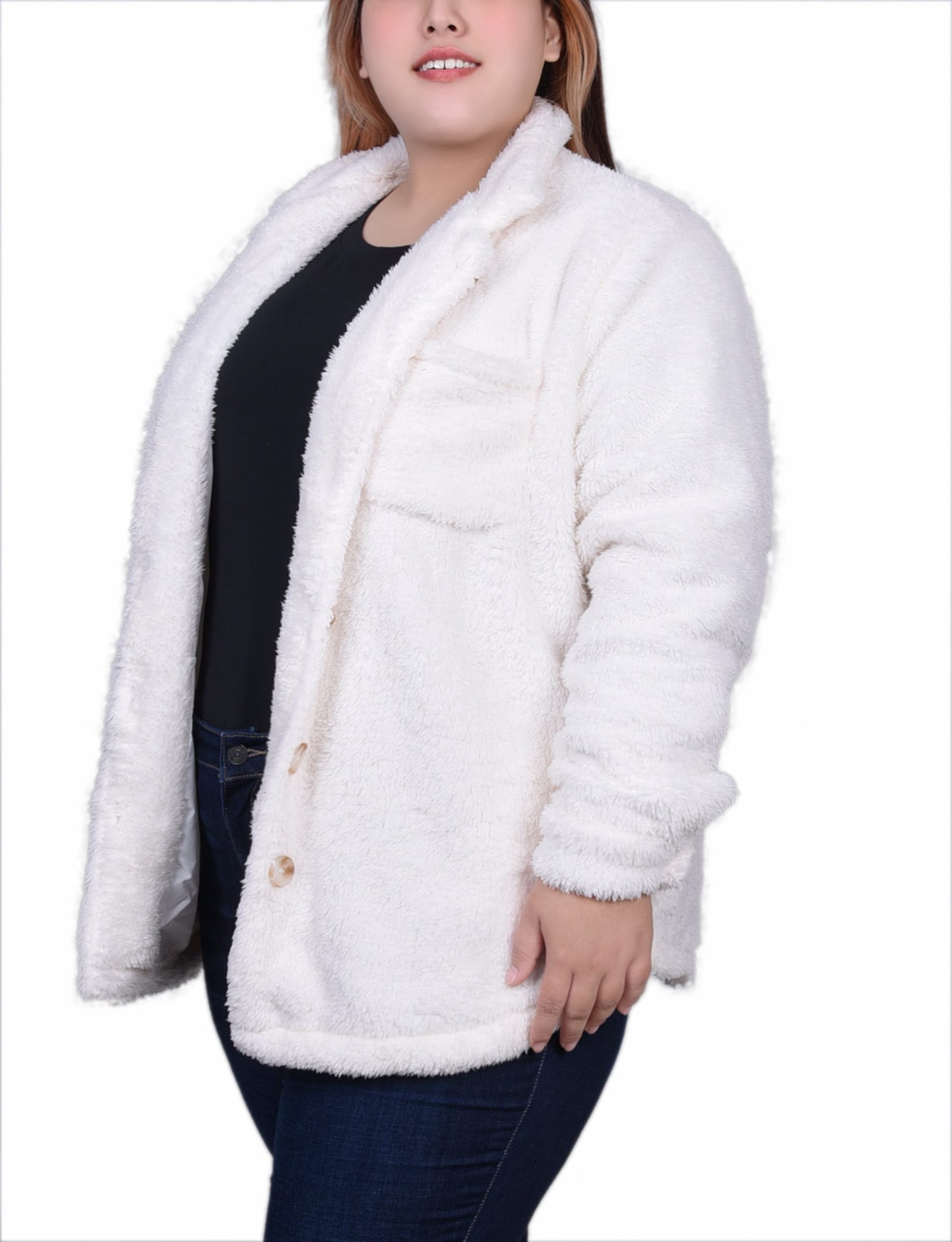 Plus Size Long Sleeve Button Front Sherpa Jacket thumbnail 2