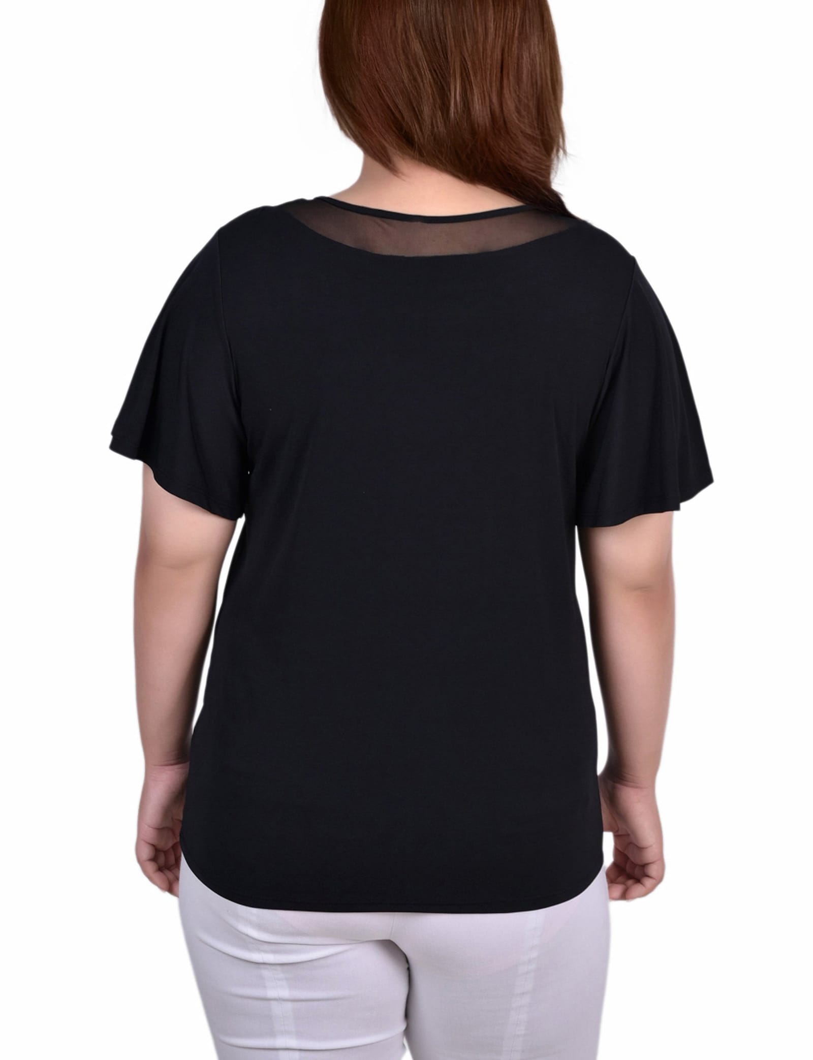 Plus Size Short Sleeve Knit Top with Sheer Inset thumbnail 3