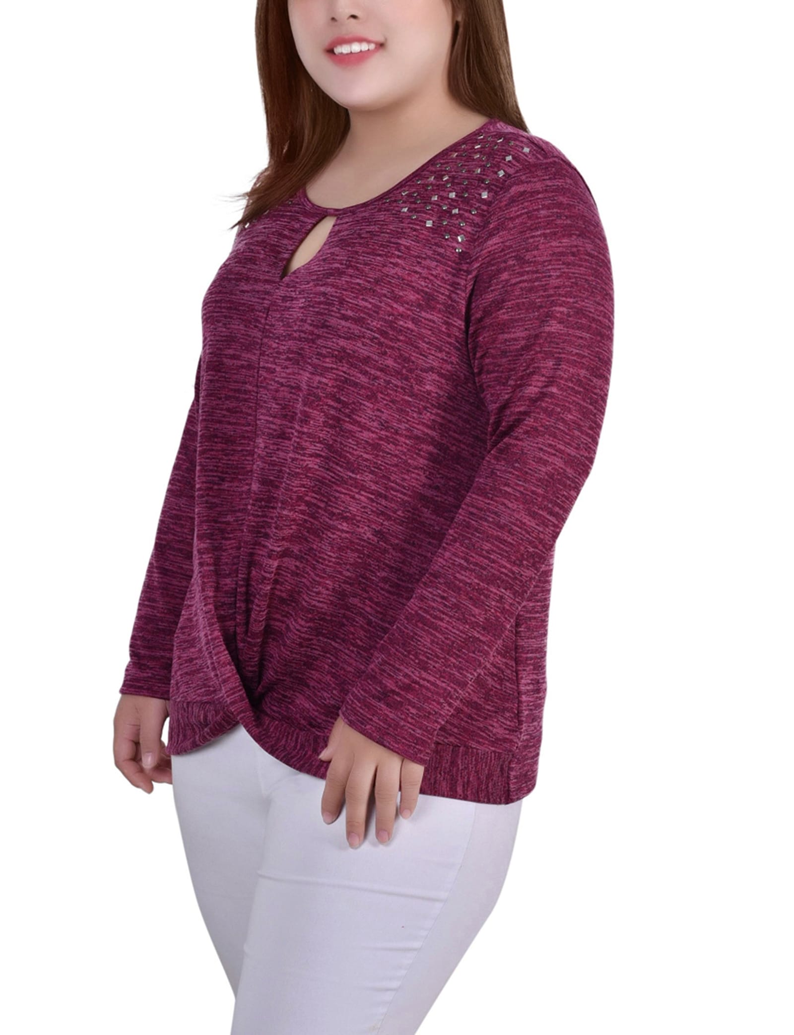 Plus Size Long Sleeve Knit Keyhole Top with Studs thumbnail 2