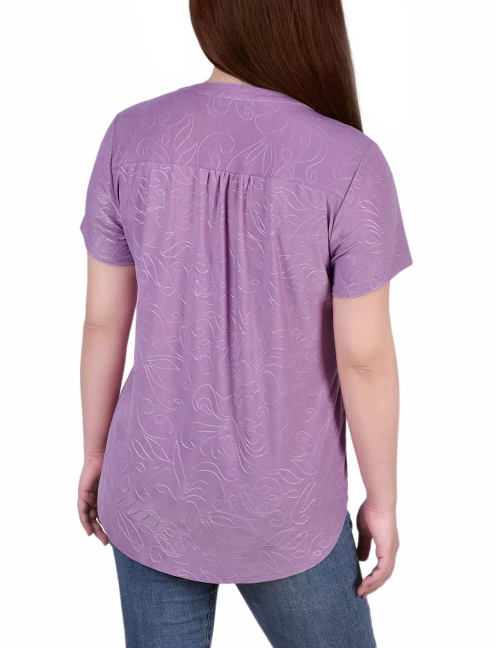 Petite Short Sleeve Y Neck Jacquard Knit Top thumbnail 4
