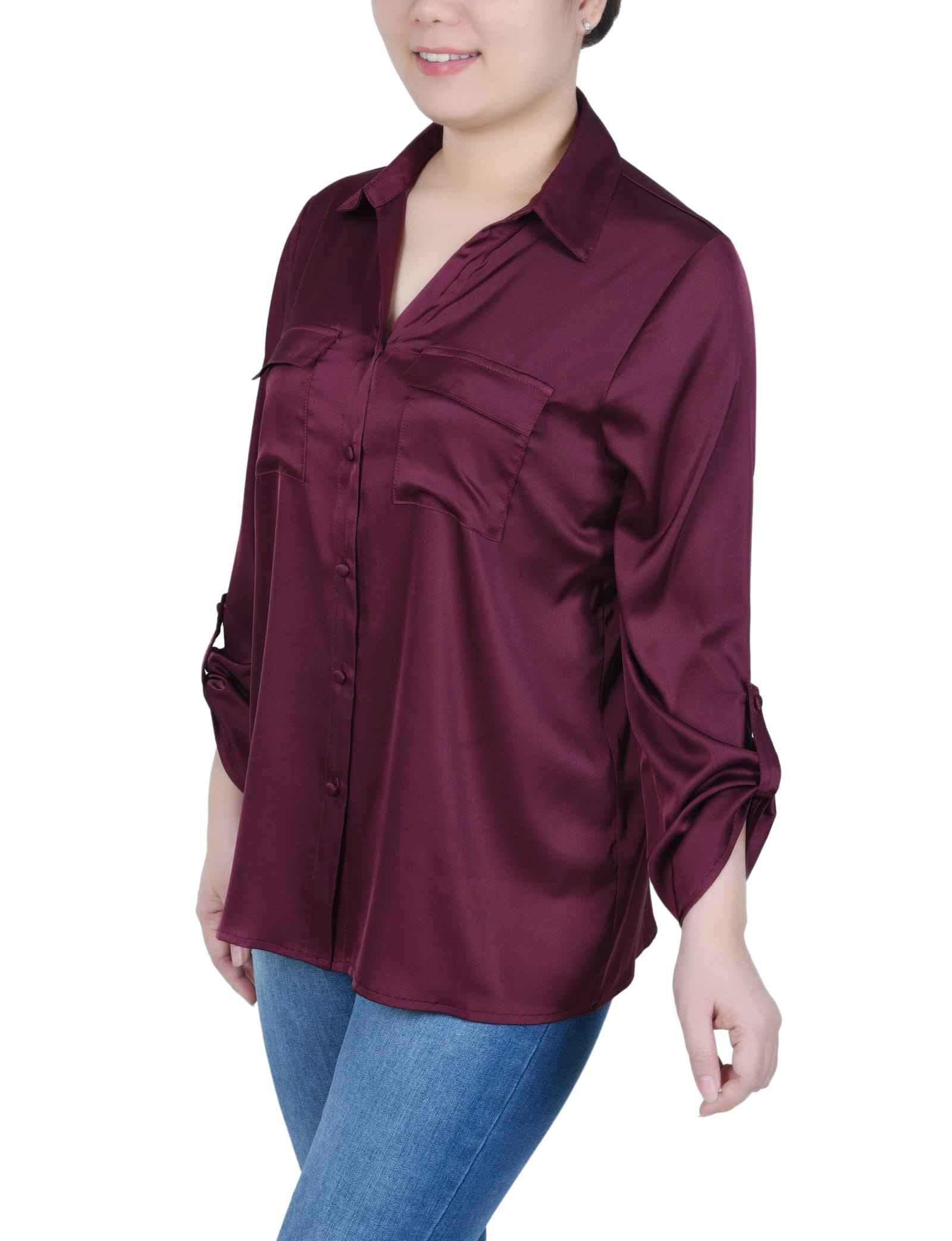 Petite 3/4 Sleeve Roll Tab Satin Blouse thumbnail 2