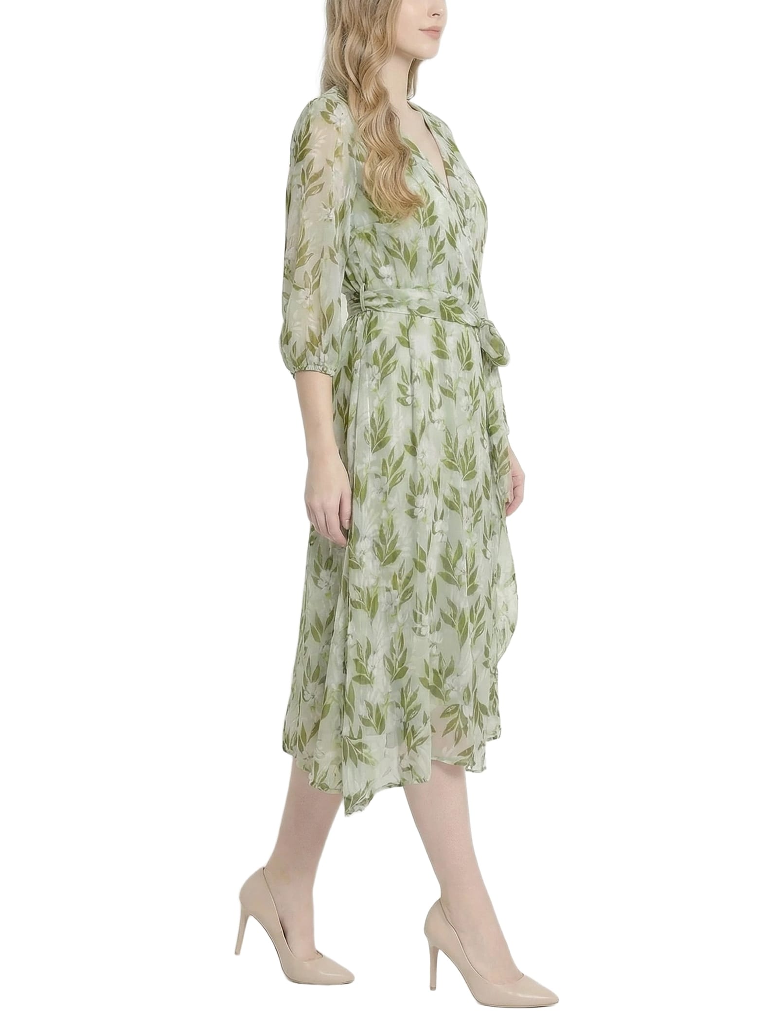 Petite 3/4 Sleeve V Neck Belted Chiffon Dress thumbnail 3