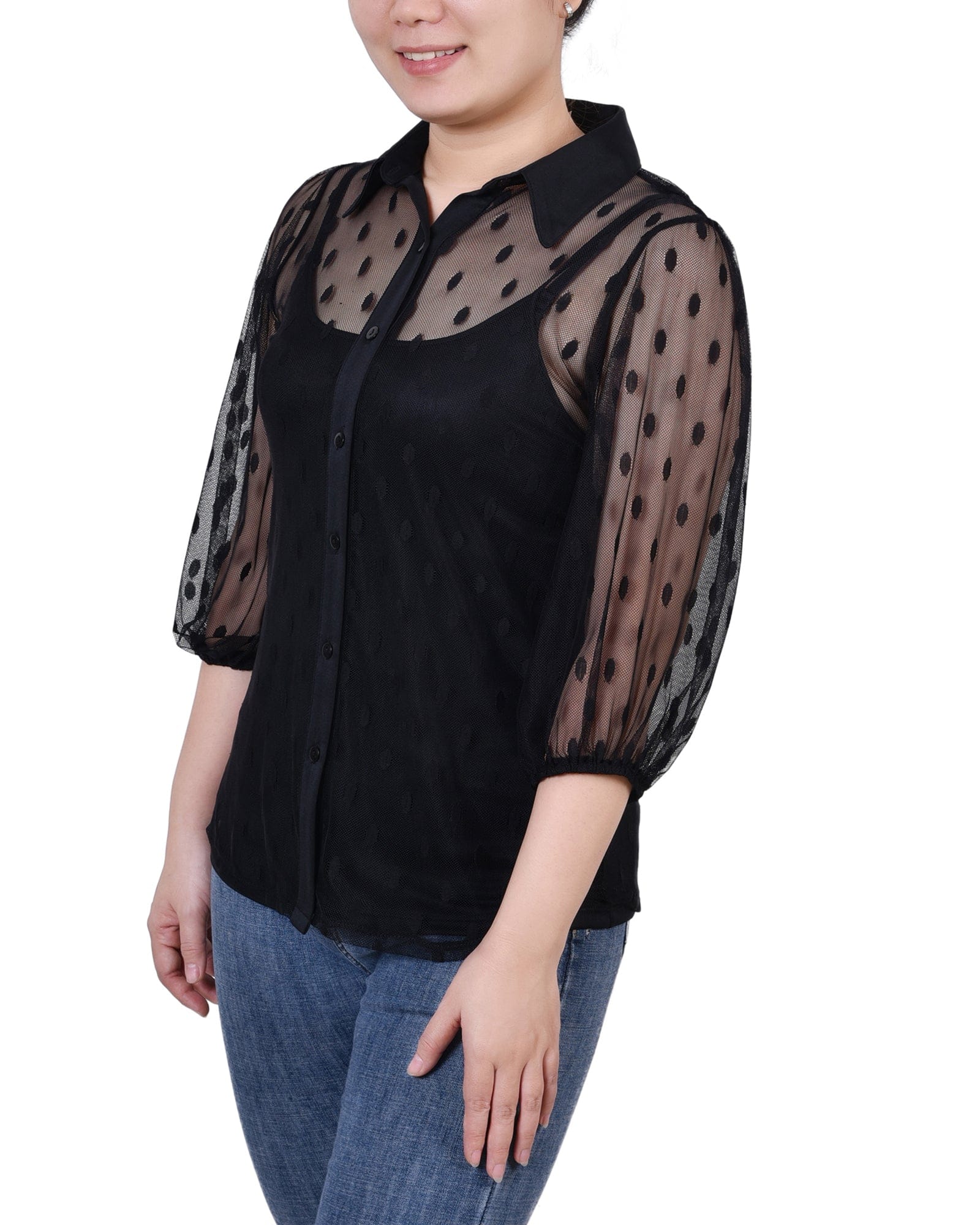 Petite Elbow Sleeve Clip Dot Blouse with Camisole thumbnail 2