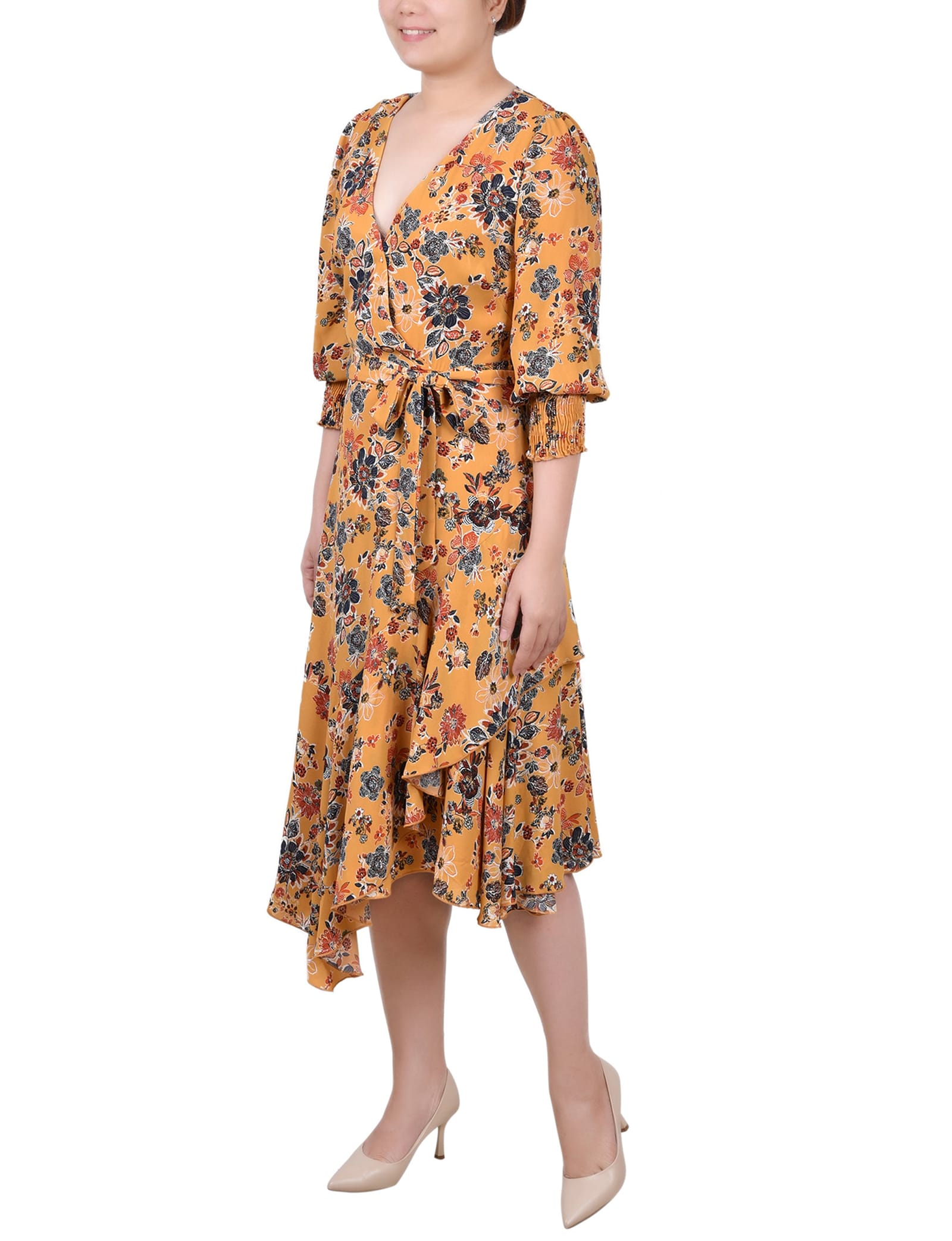Petite 3/4 Sleeve Belted Chiffon Hankerchief Hem Dress thumbnail 2