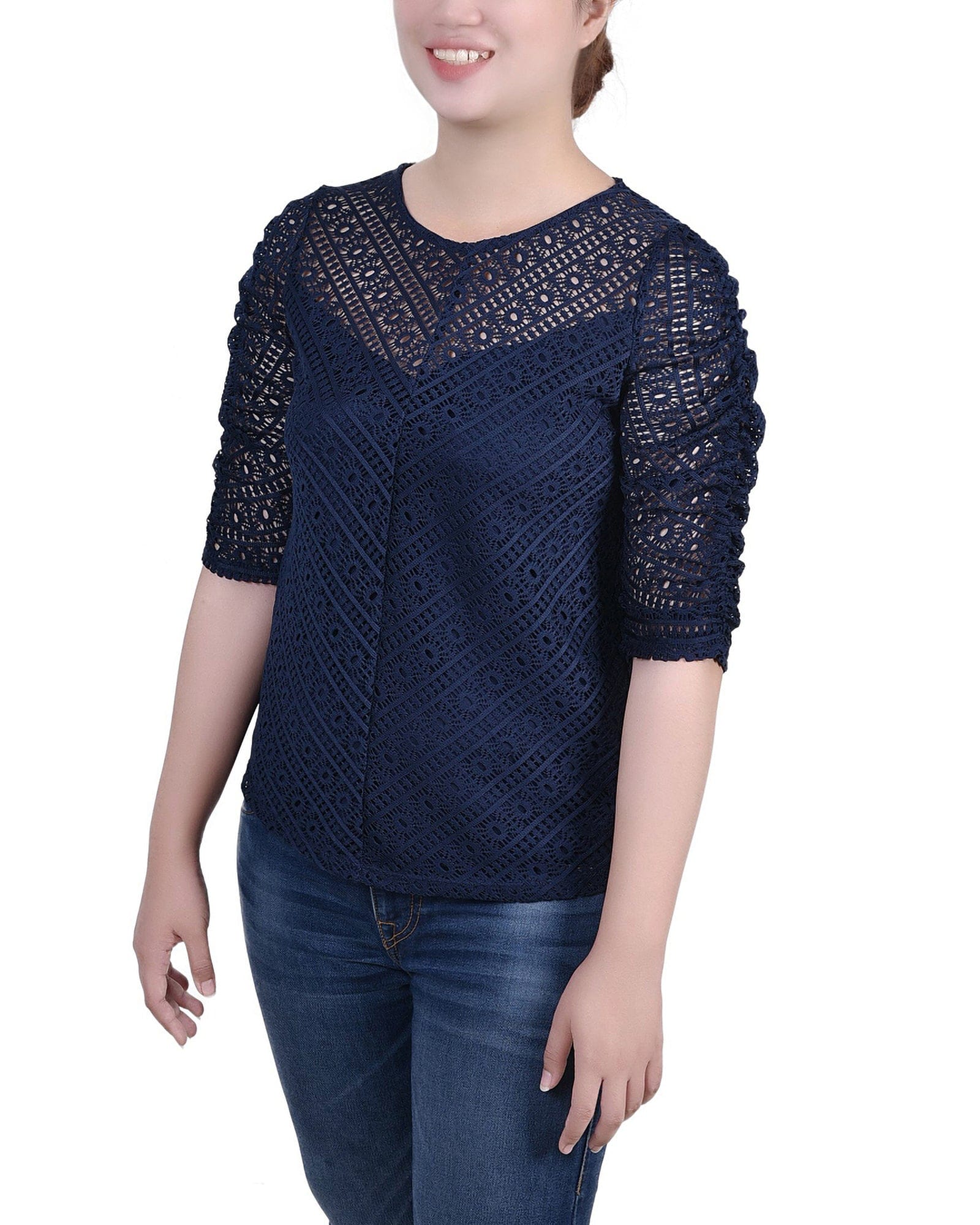 Petite Rouched Sleeve Lace Top thumbnail 2
