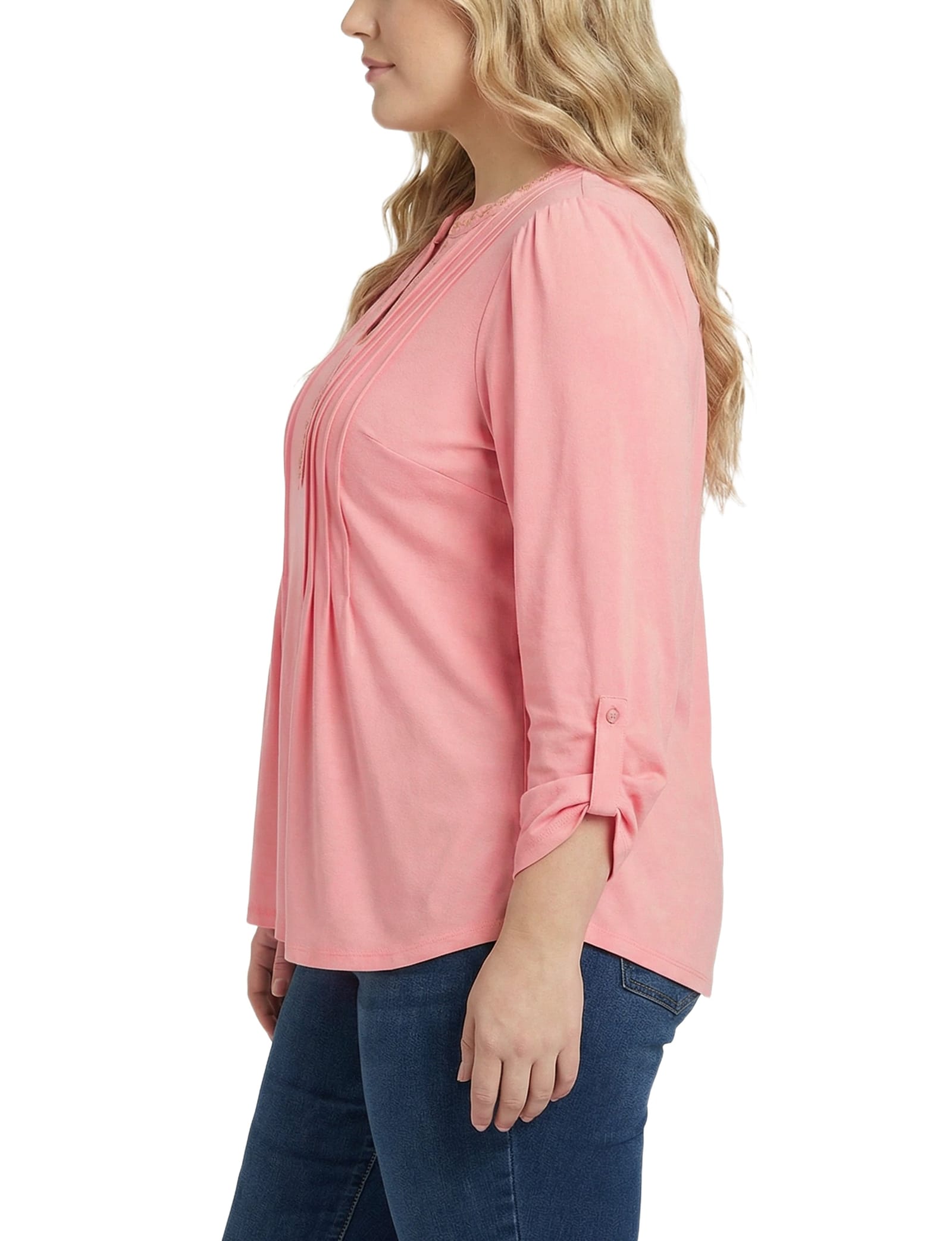 Plus Size Long Sleeve Pleat Front Roll Tab Top thumbnail 2
