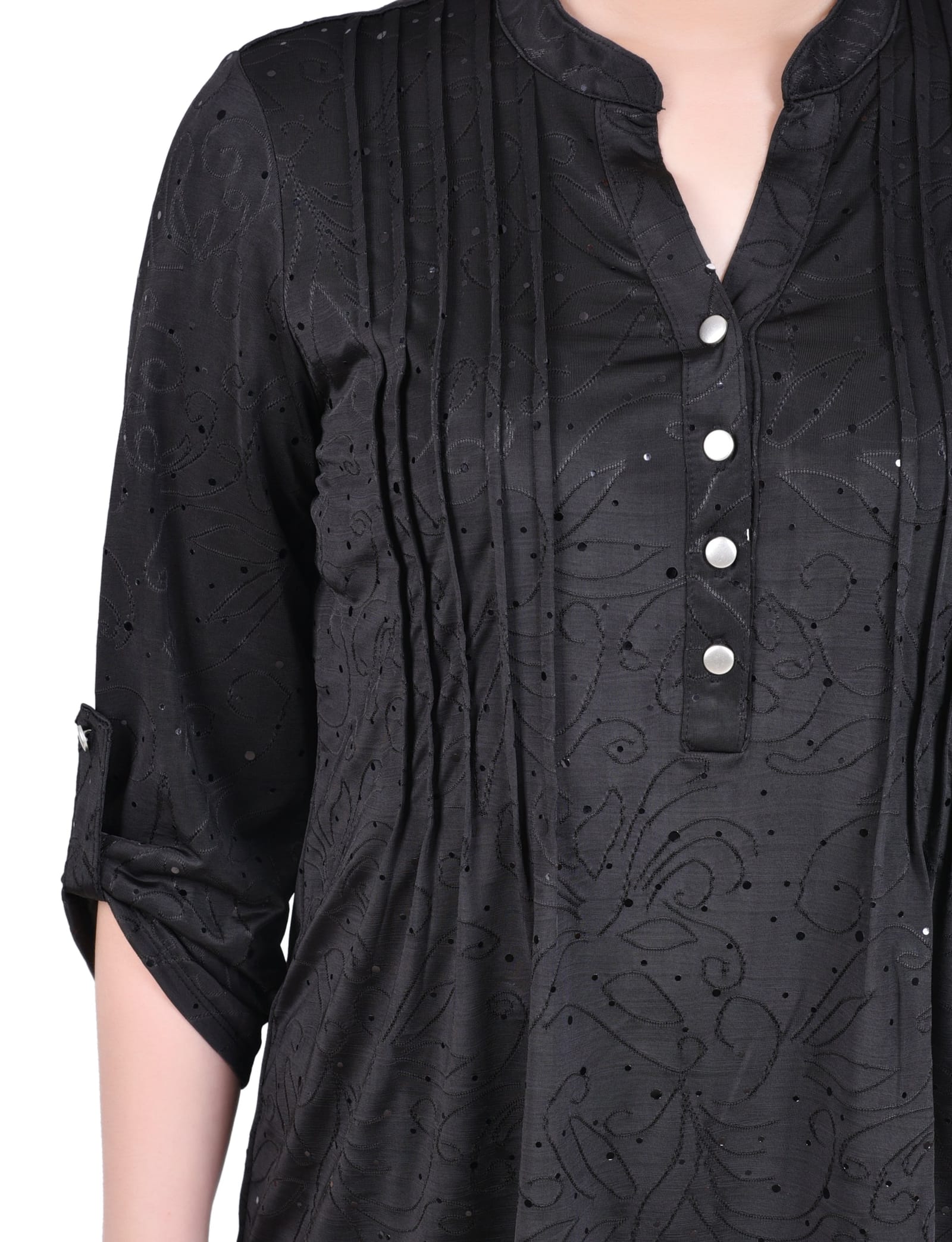 Petite 3/4 Sleeve Roll Tab Y Neck Top thumbnail 4