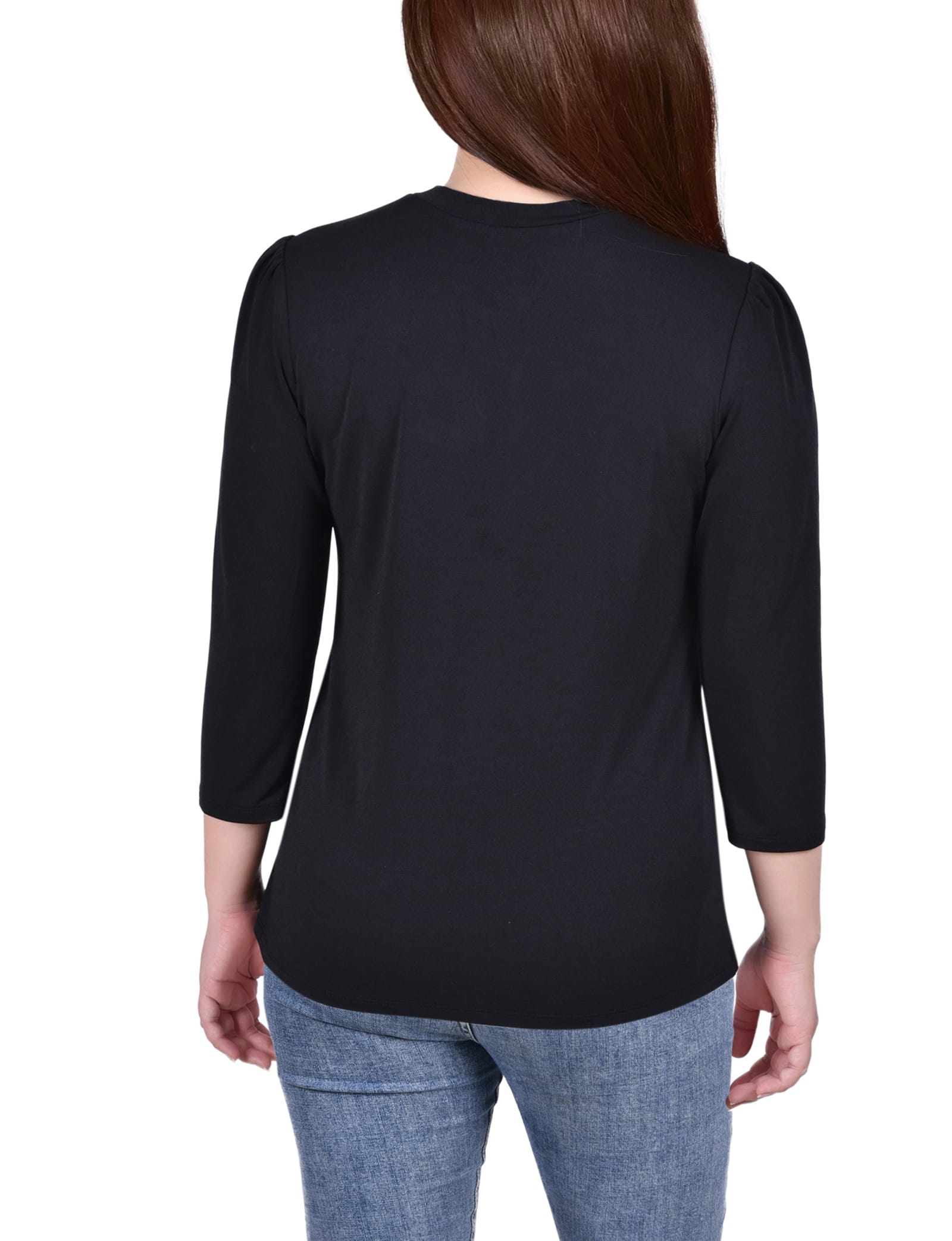 Petite 3/4 Slv Knit Crepe Studded Keyhole Top thumbnail 2
