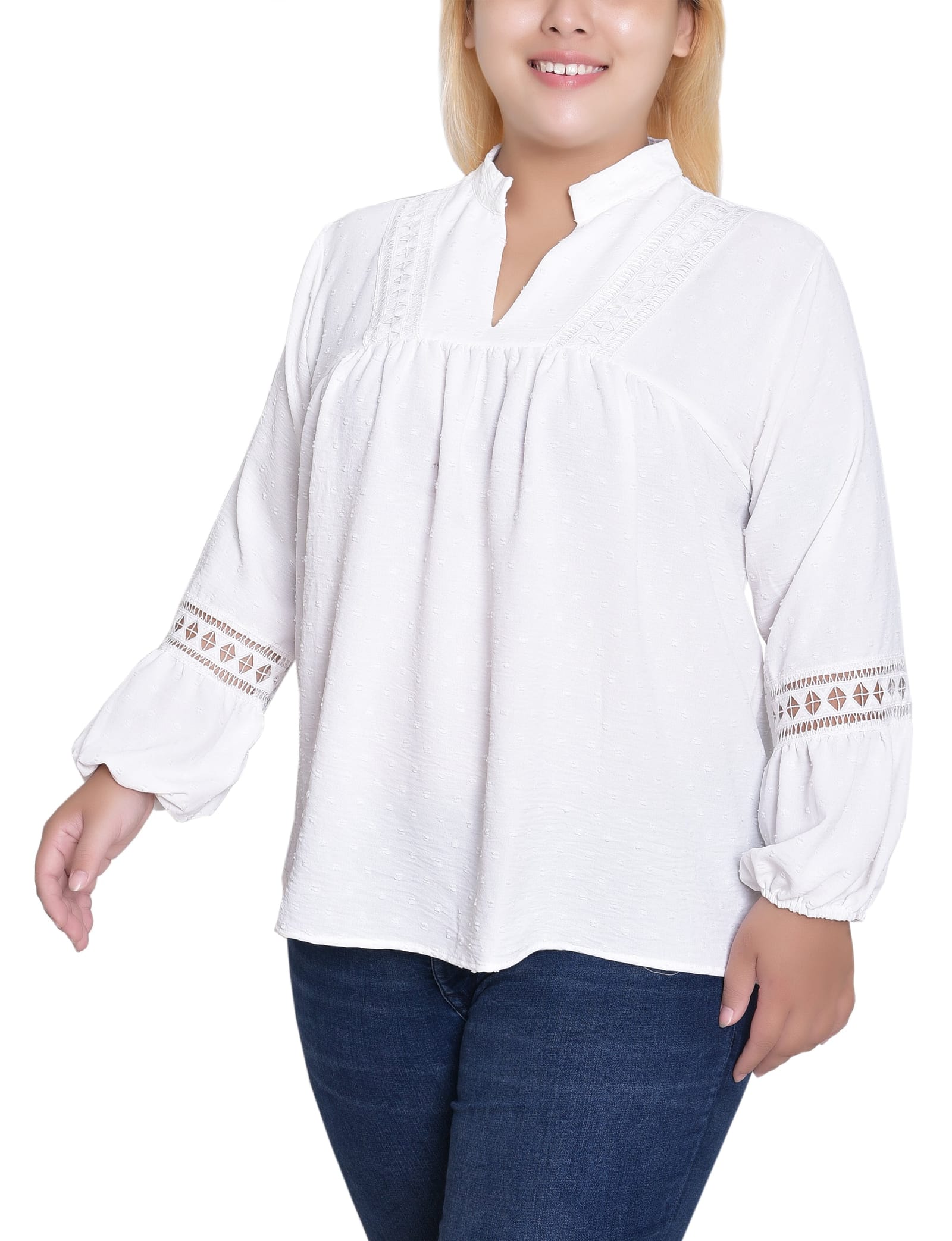 Plus Size Long Sleeve Blouse with Crochet Trim thumbnail 2