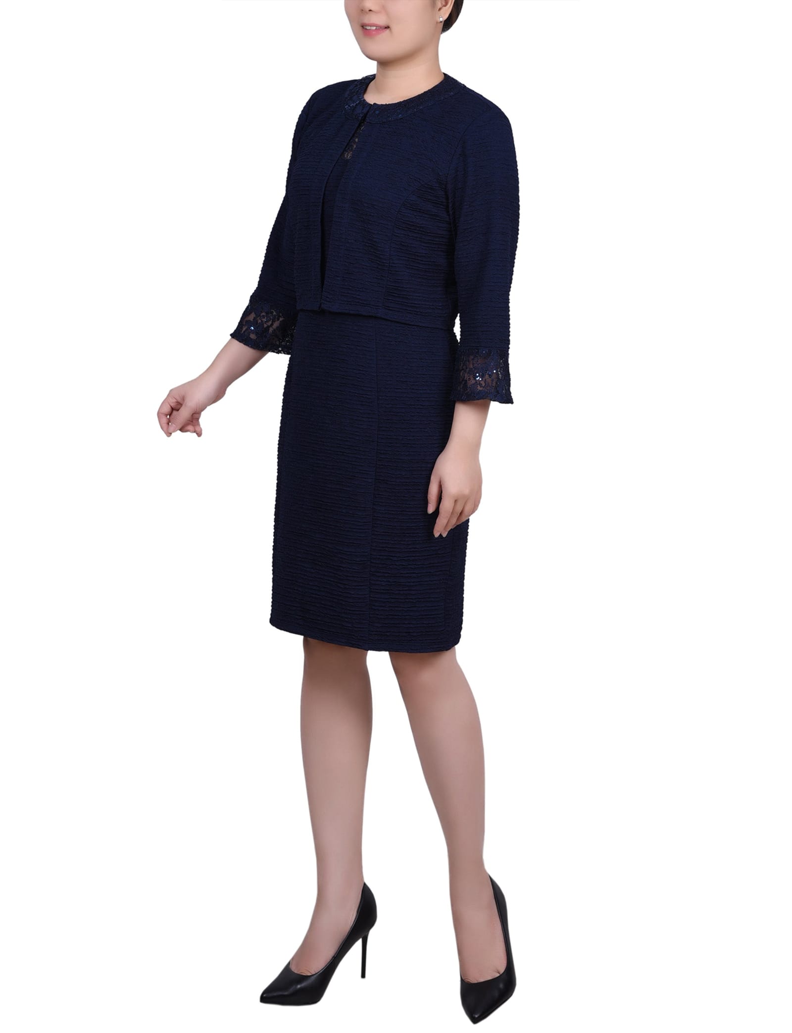Petite Two Piece Novelty Knit and Lace Dress Set thumbnail 2