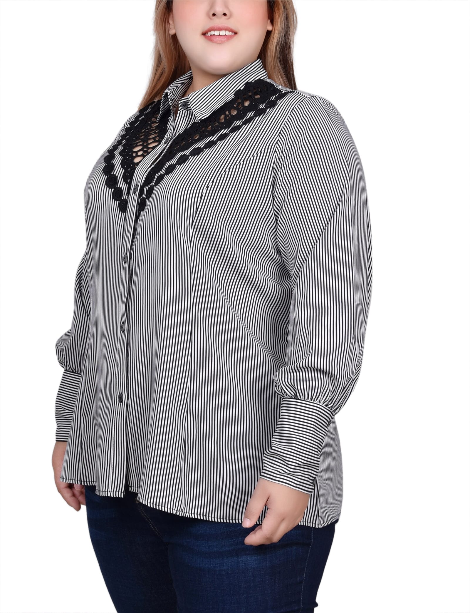 Plus Size Long Sleeve Crochet Trimmed Blouse thumbnail 2