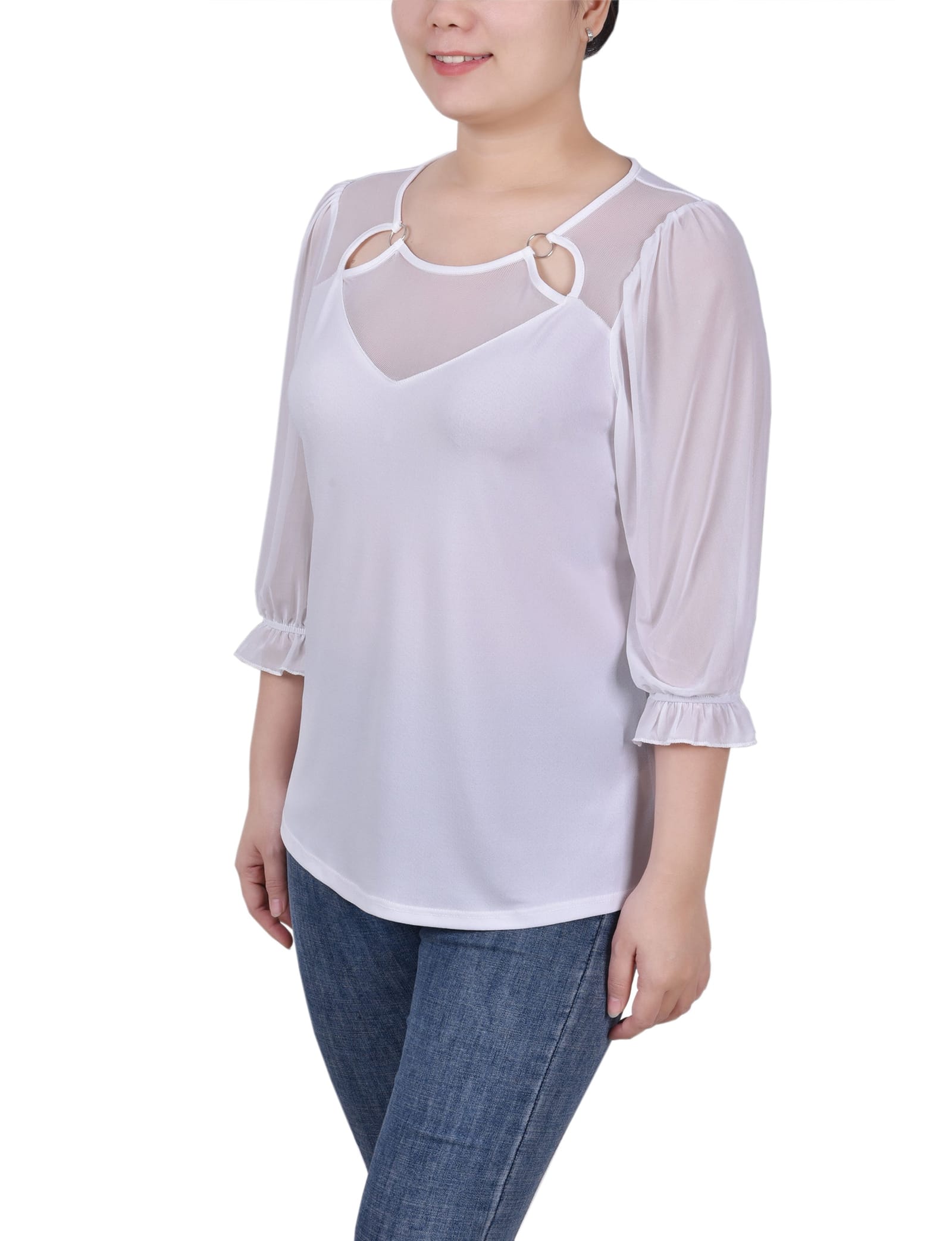 Petite 3/4 Sleeve Ringed Top with Mesh thumbnail 2