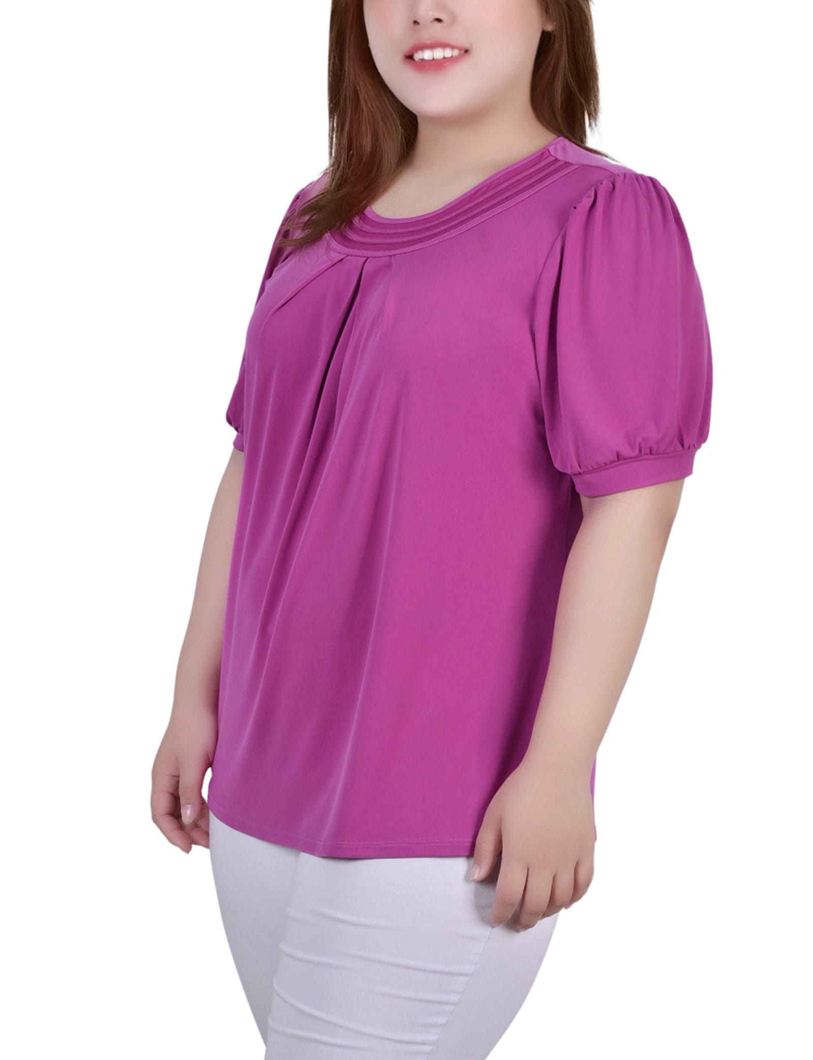 Plus Size Short Puff Sleeve Sheer Inset Top thumbnail 2