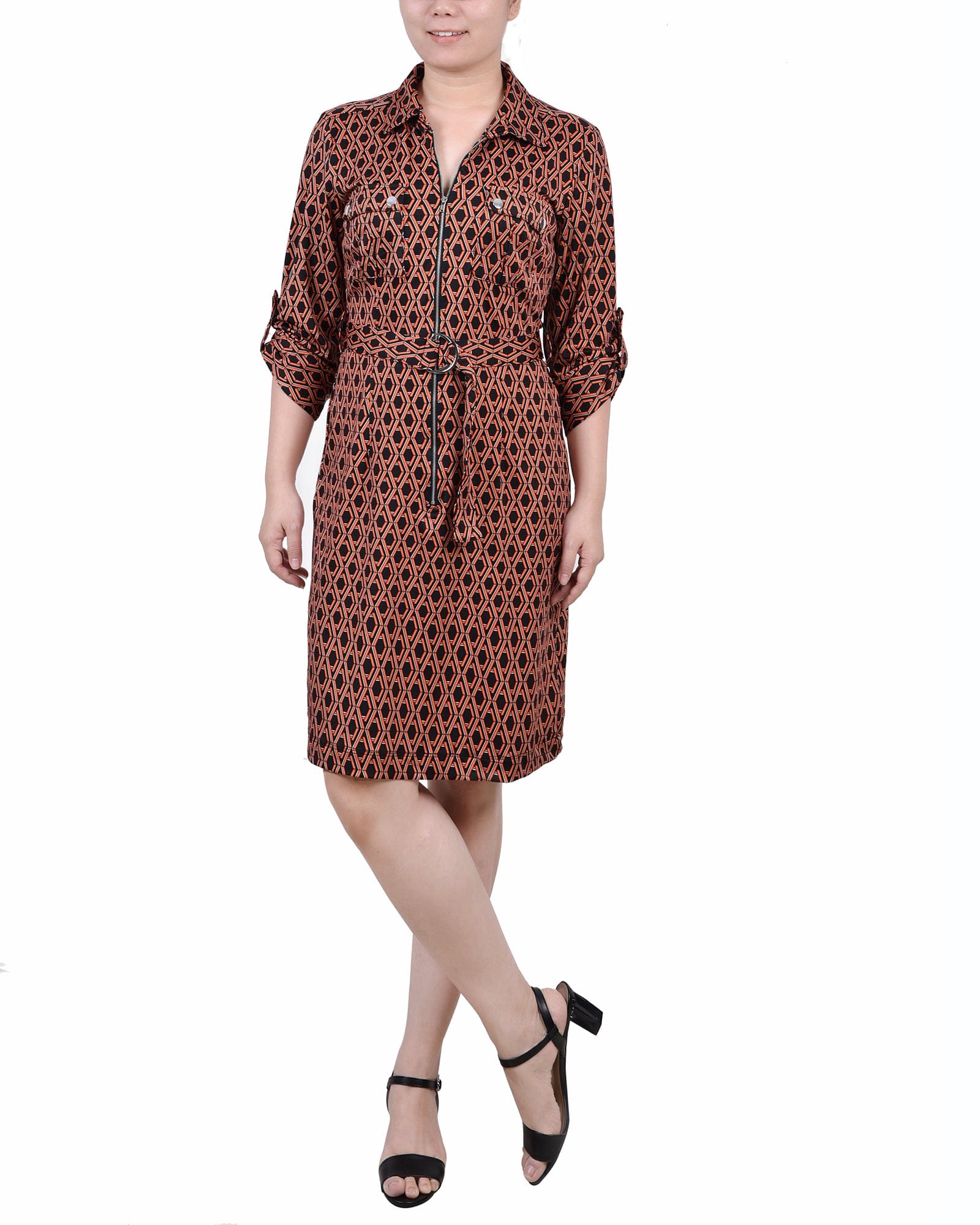 Petite Belted Roll Tab Zip Front Shirtdress