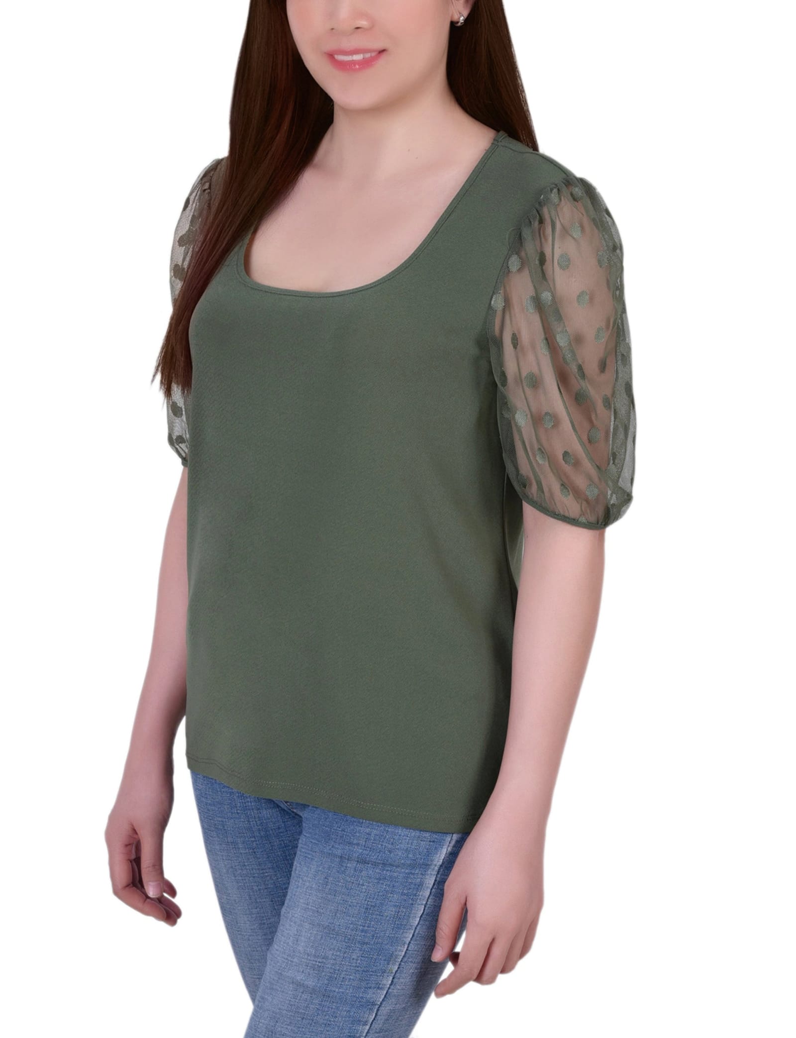 Petite Elbow Sleeve Crepe Top with Mesh Dotted Sleeves thumbnail 2