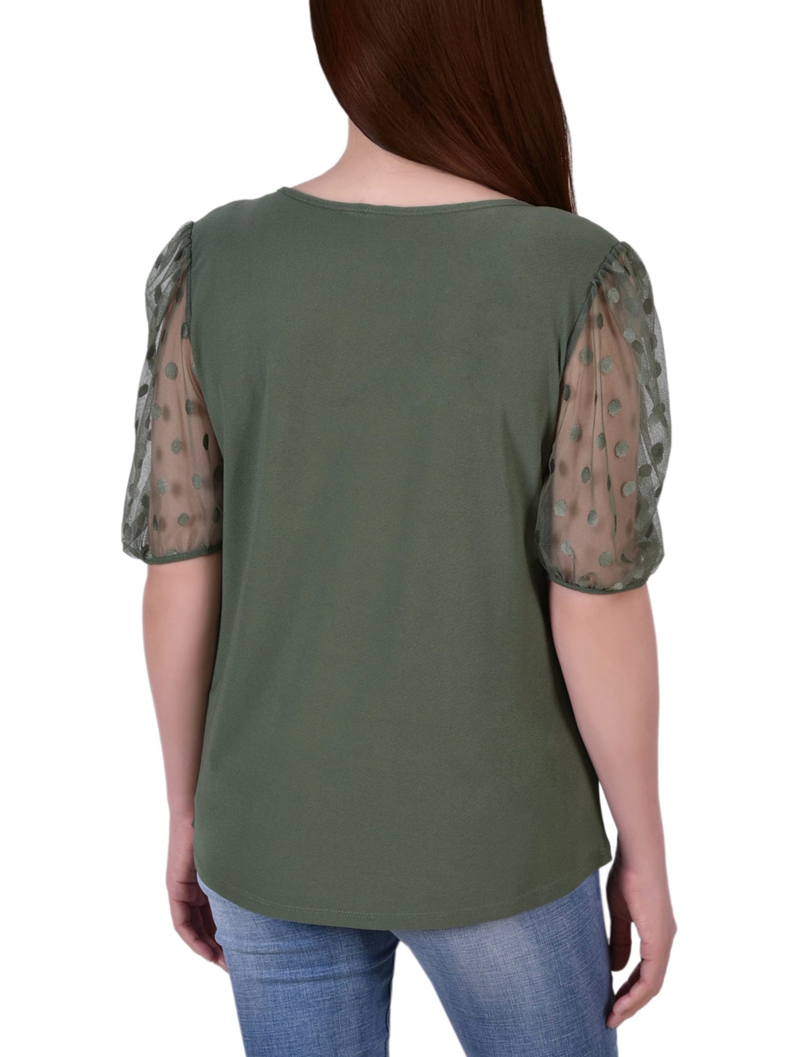 Petite Elbow Sleeve Crepe Top with Mesh Dotted Sleeves thumbnail 3