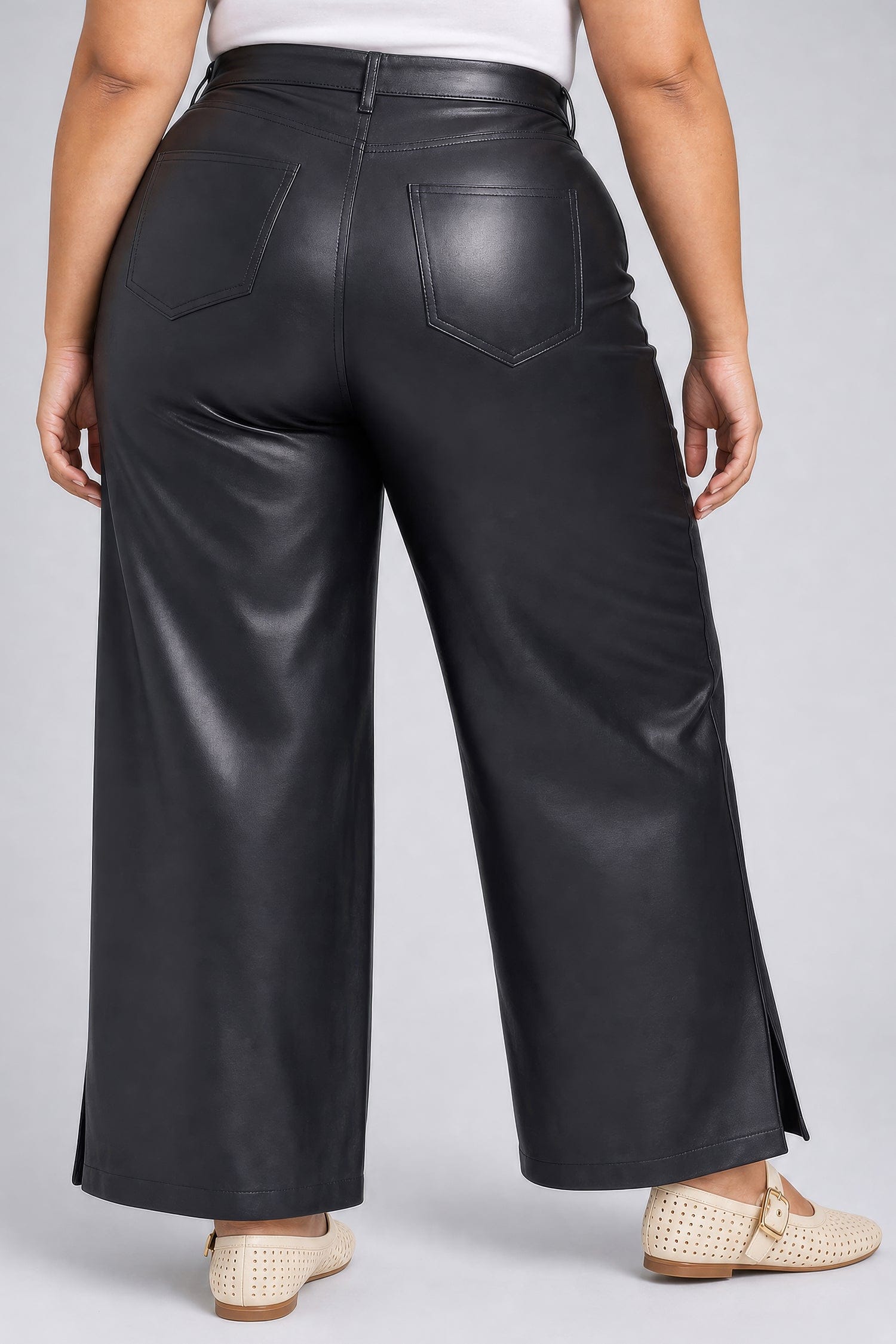 Vegan Stretch Leather Teresa Wide Leg Pants in Plus Size thumbnail 3