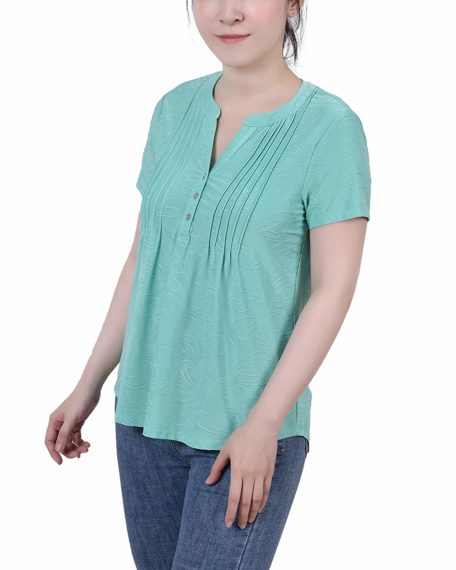 Petite Short Sleeve Y Neck Jacquard Knit Top thumbnail 2