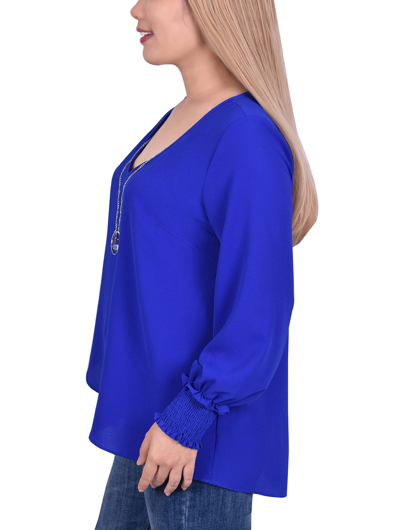 Petite Long Sleeve Overlapping Crepe Blouse with Necklace thumbnail 2