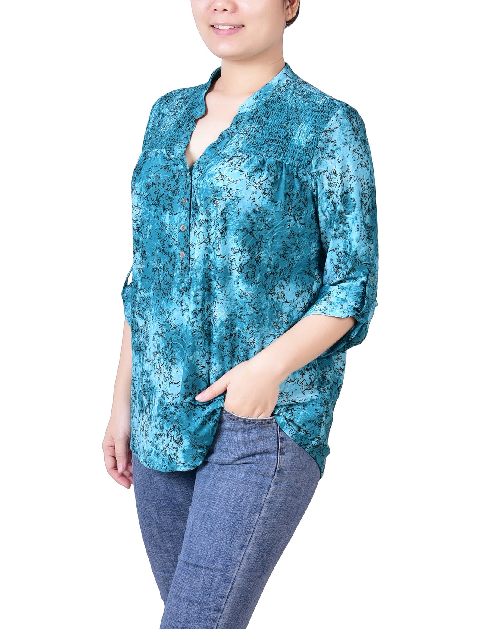 Petite 3/4 Roll Tab Sleeve Smocked-Yoke Top thumbnail 2