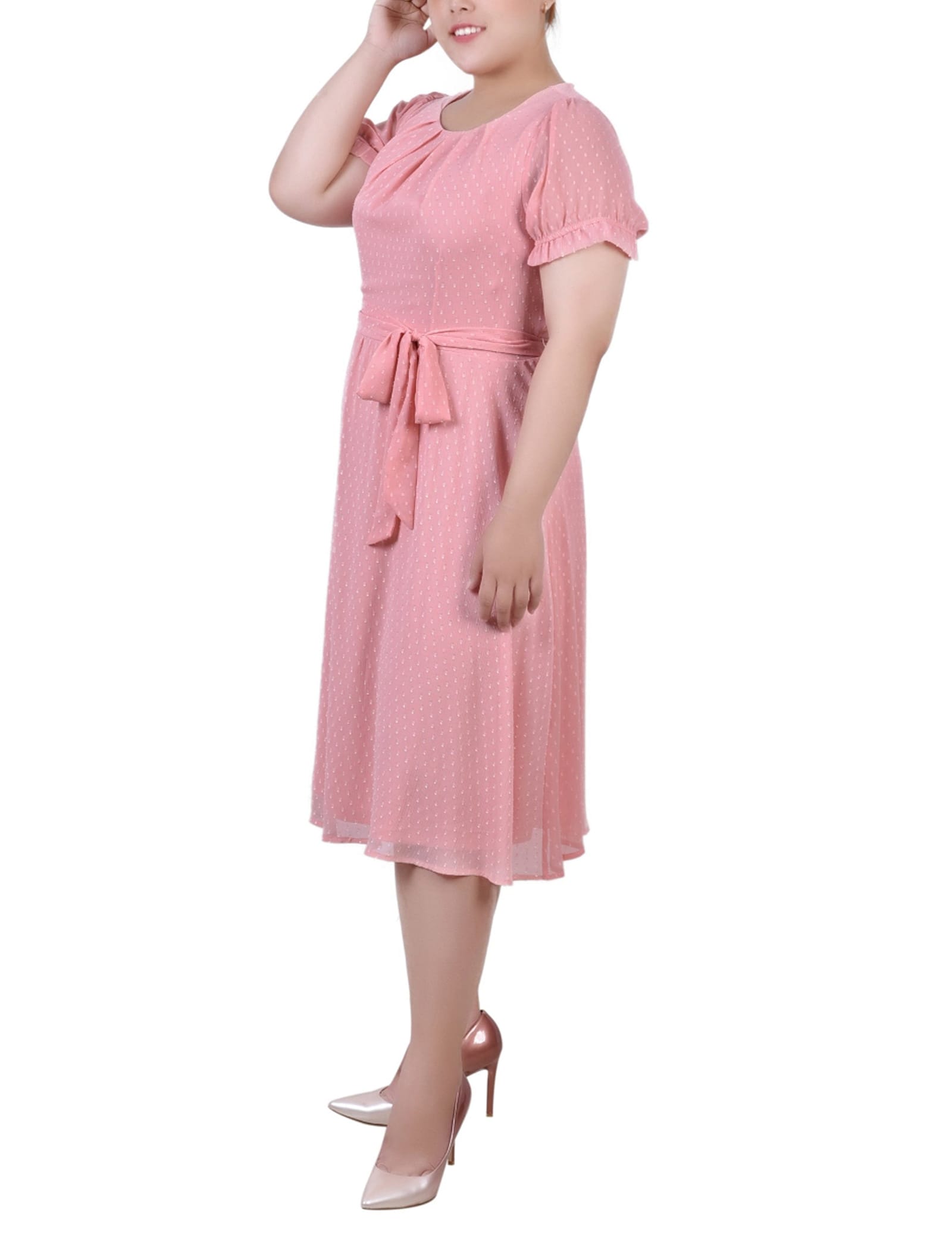 Plus Size Short Sleeve Belted Swiss Dot Dress thumbnail 2