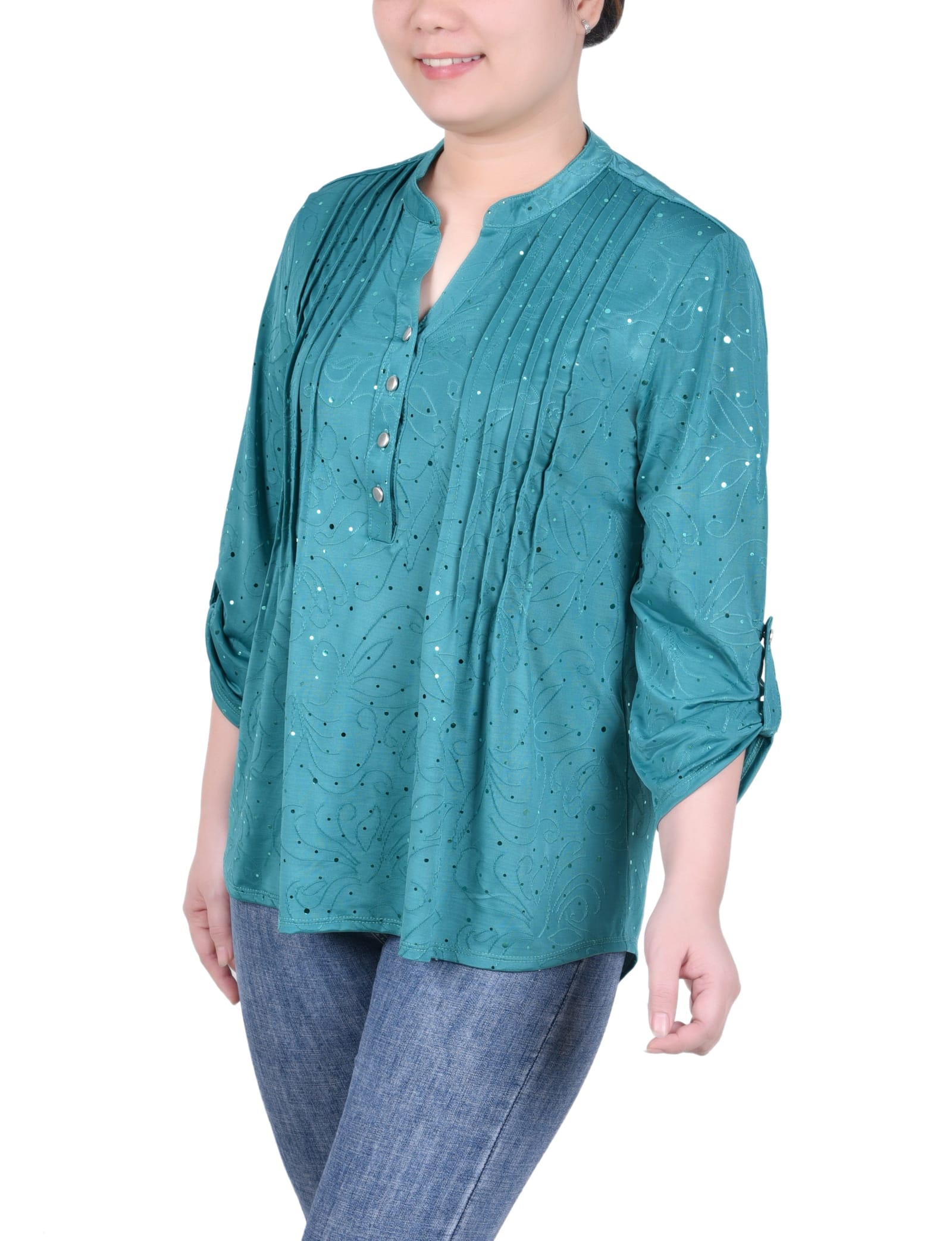 Petite 3/4 Sleeve Roll Tab Y Neck Top thumbnail 2