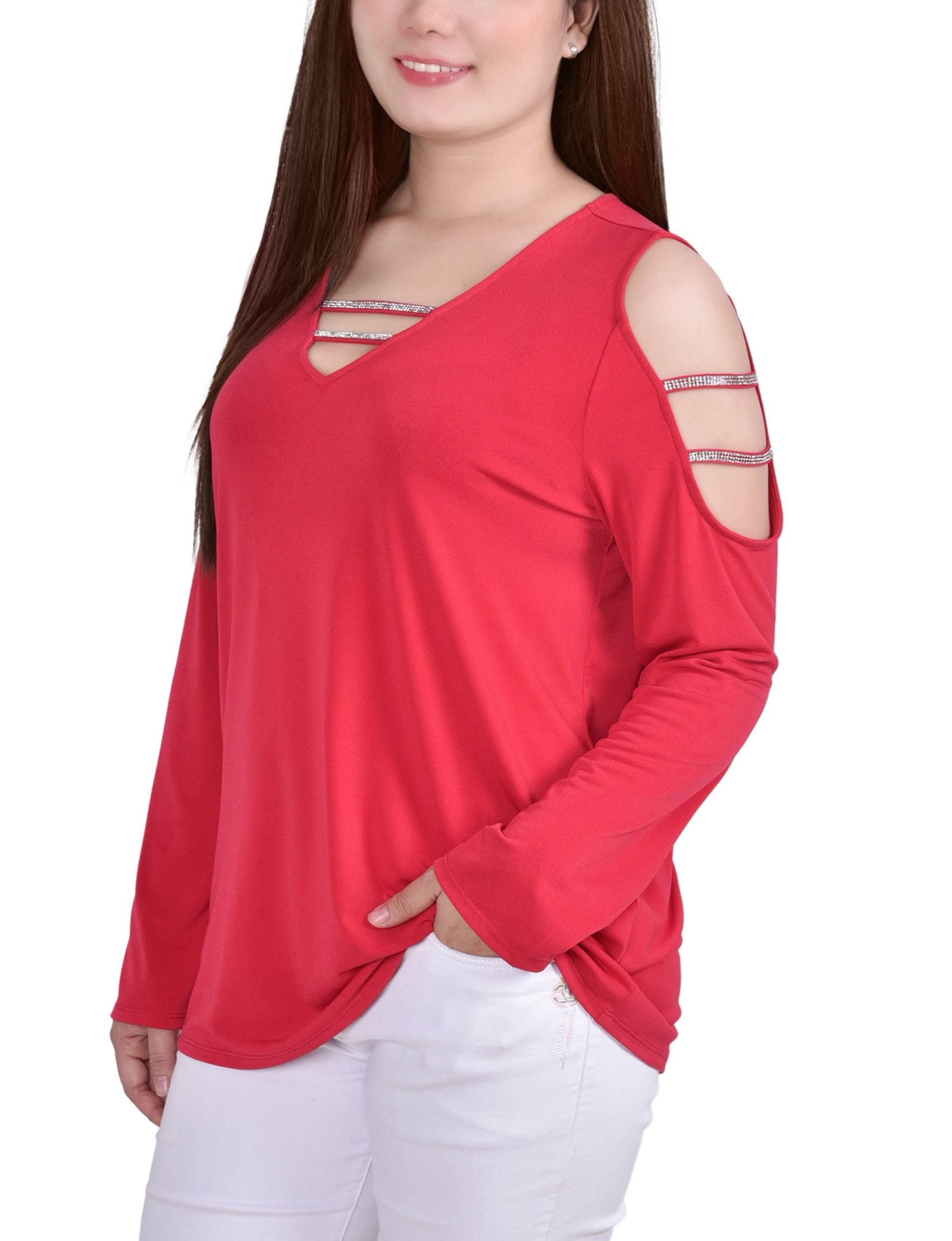 Petite Long Sleeve Knit Crepe Rhinestone Top thumbnail 2