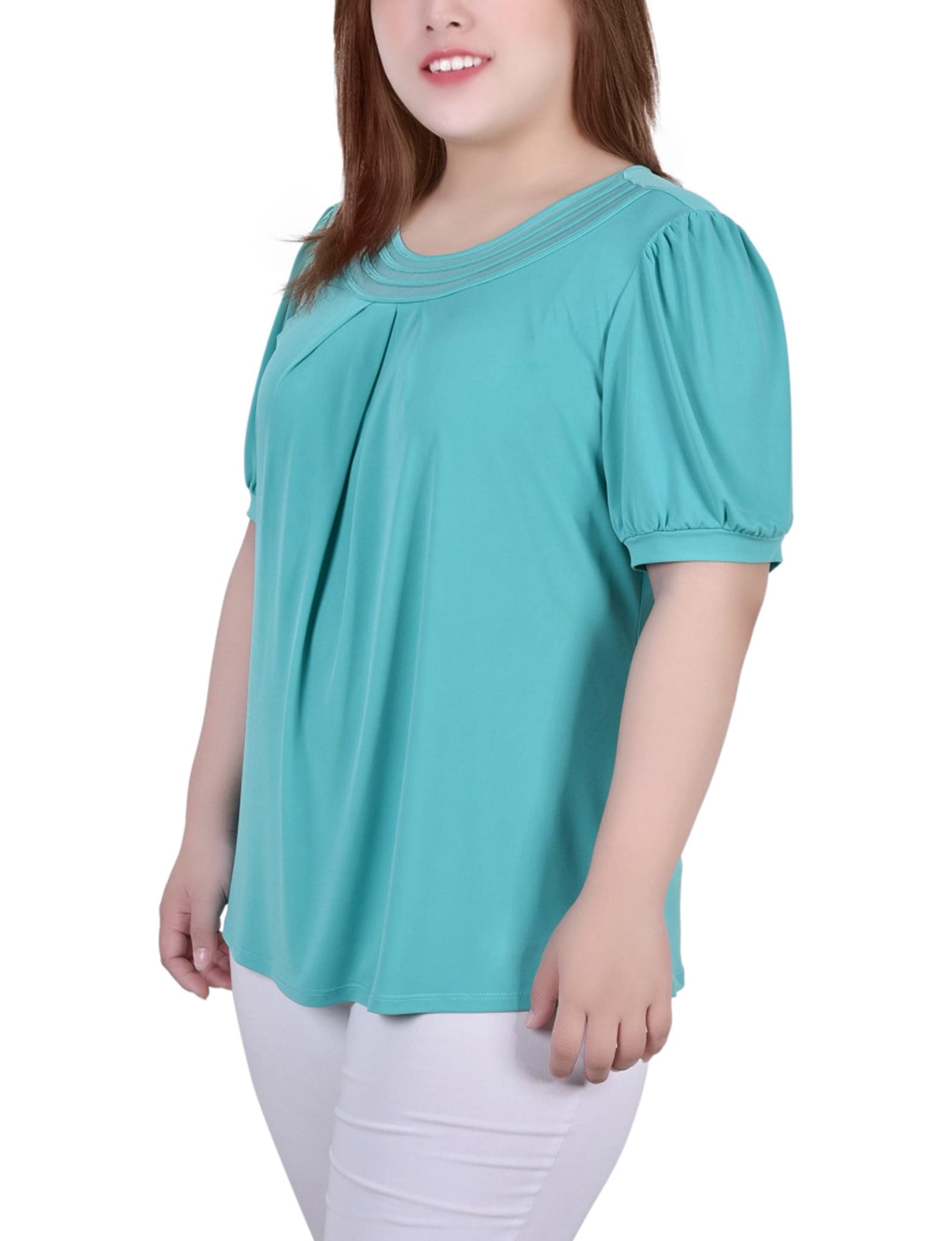 Plus Size Short Puff Sleeve Sheer Inset Top thumbnail 2