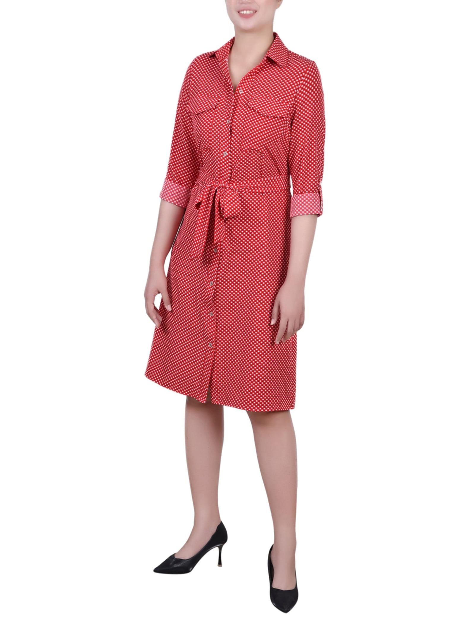 Petite 3/4 Roll Tab Sleeve Belted Shirtdress
