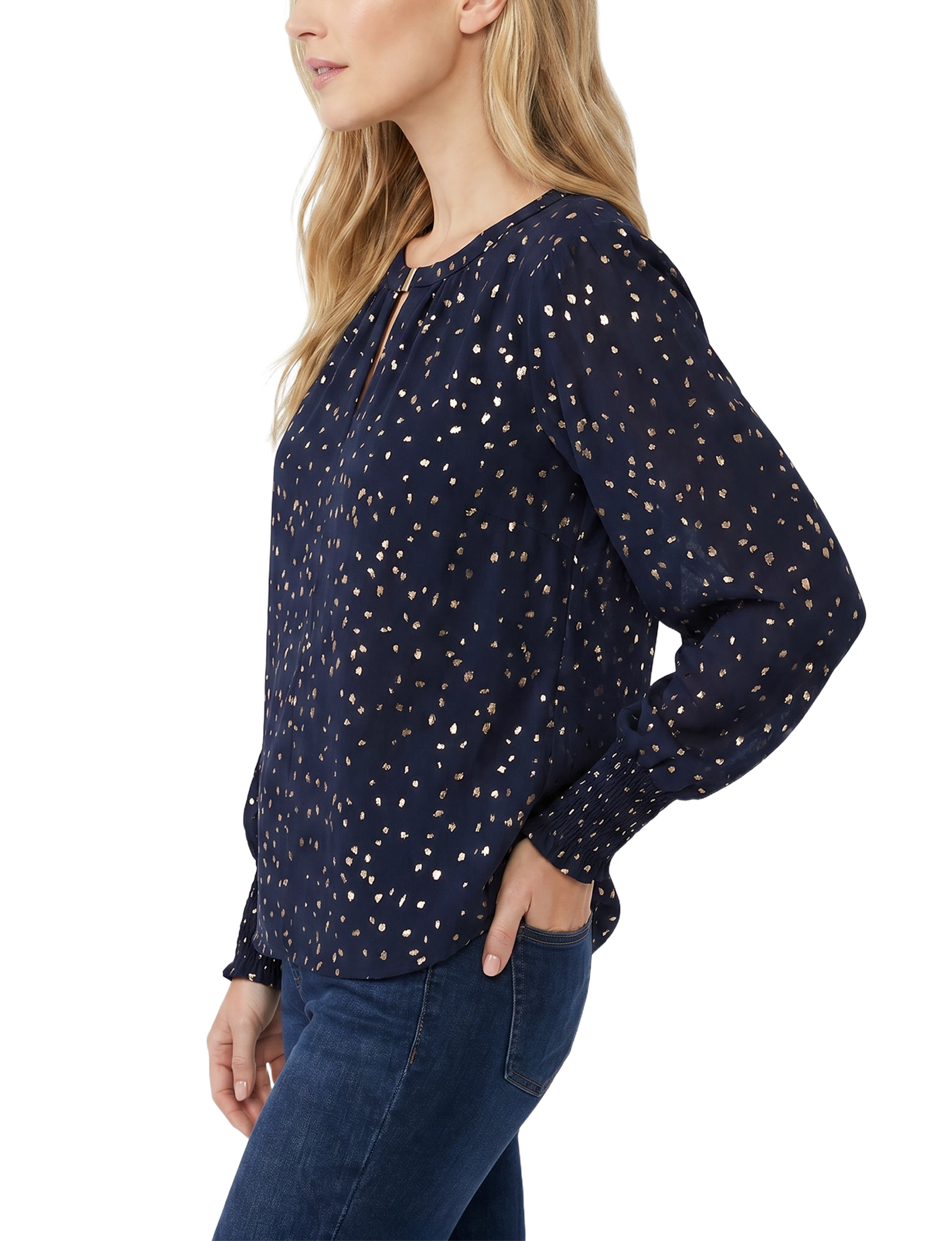 Long Sleeve Round Neck Blouse with Hardware thumbnail 3