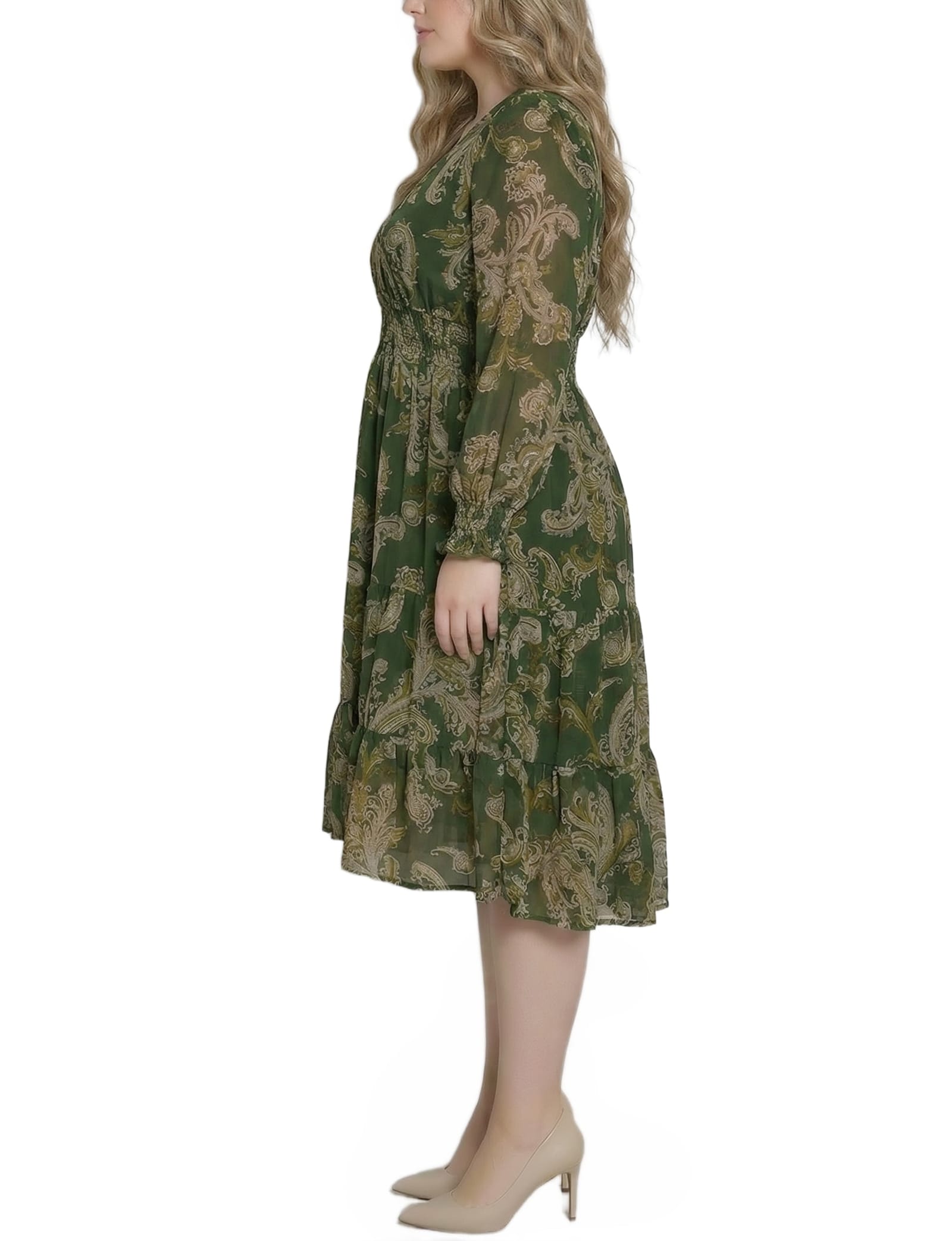 Plus Size Long Sleeve Clip Dot Chiffon Dress with Smocked Waist and Cuffs thumbnail 2