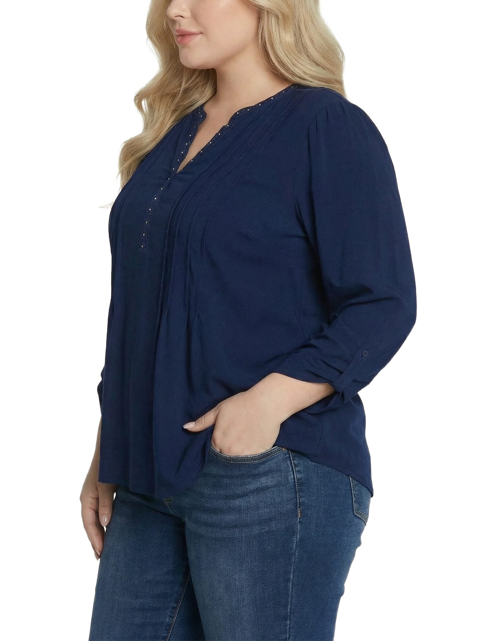 Plus Size Long Sleeve Pleat Front Roll Tab Top thumbnail 2