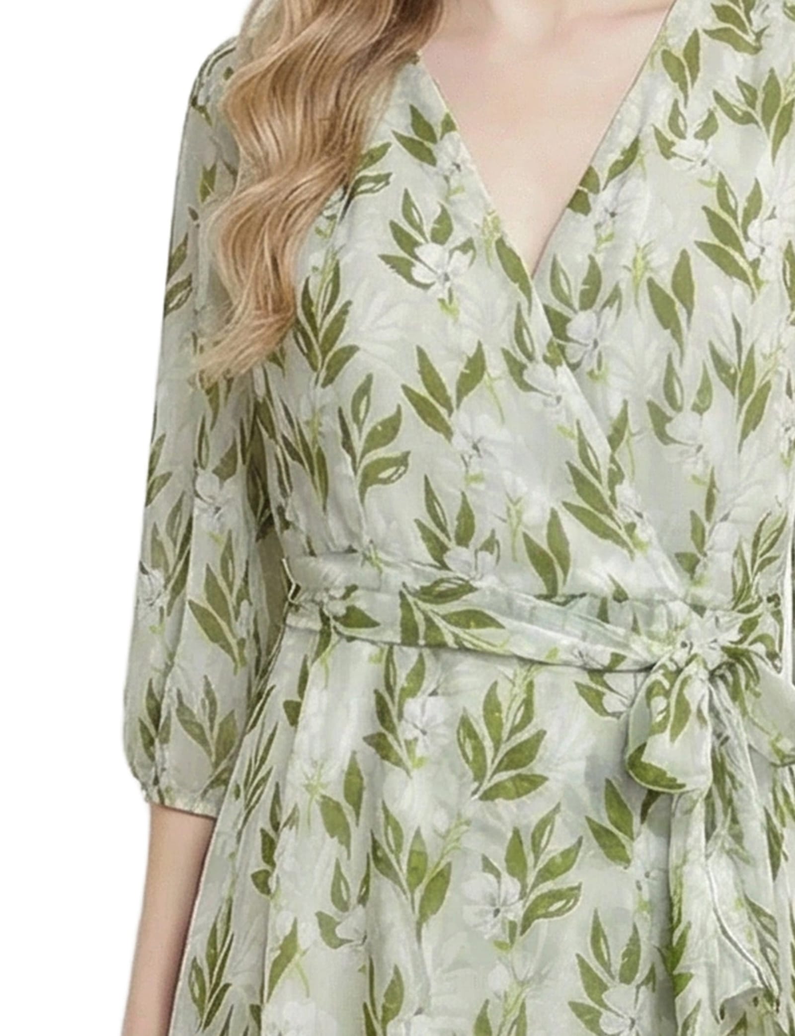 Petite 3/4 Sleeve V Neck Belted Chiffon Dress thumbnail 2