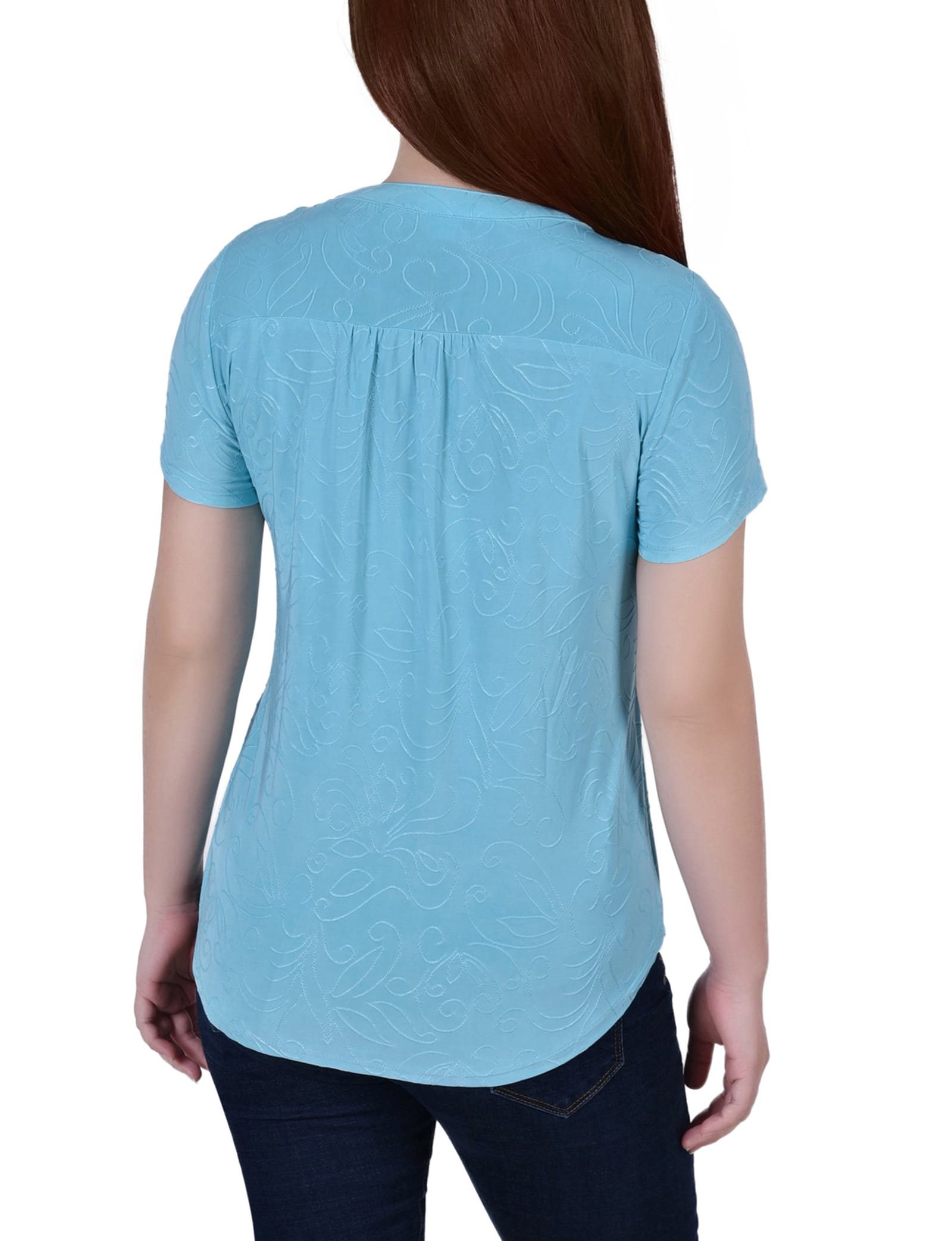 Petite Short Sleeve Y Neck Jacquard Knit Top thumbnail 3