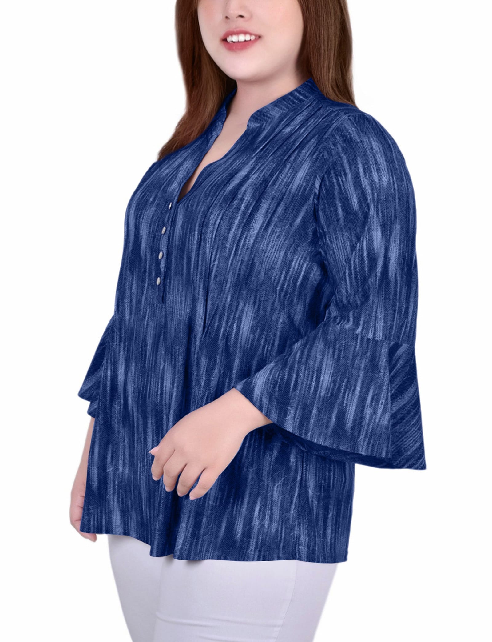 Plus Size 3/4 Bell Sleeve Pleat Front Y Neck Top thumbnail 2