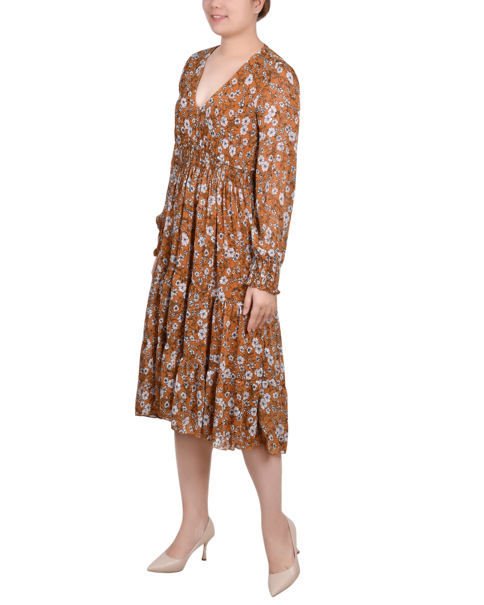 Petite Long Sleeve Clip Dot Chiffon Dress with Smocked Waist and Cuffs thumbnail 2