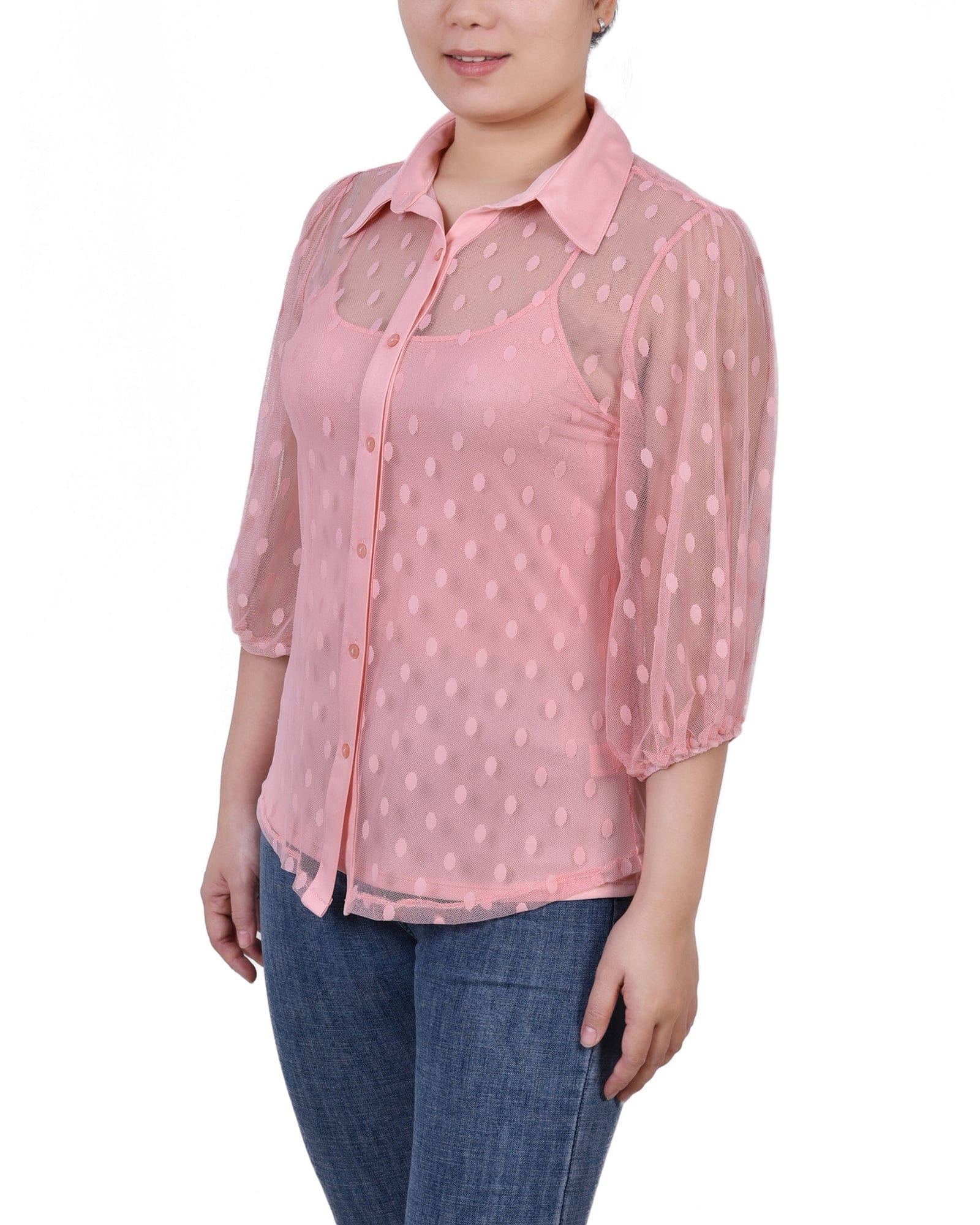 Petite Elbow Sleeve Clip Dot Blouse with Camisole thumbnail 2