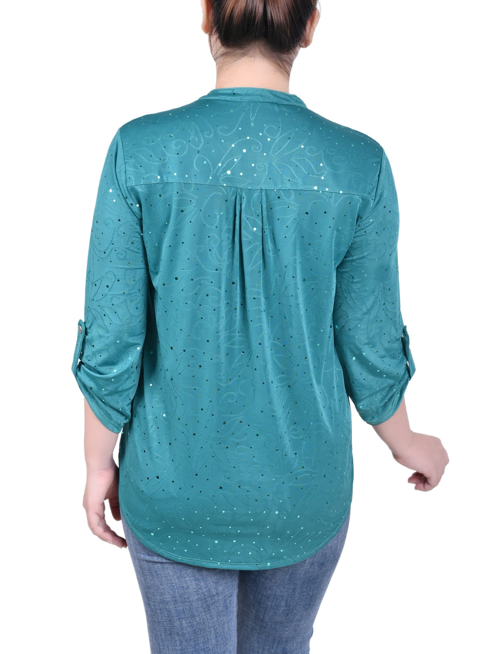 Petite 3/4 Sleeve Roll Tab Y Neck Top thumbnail 3