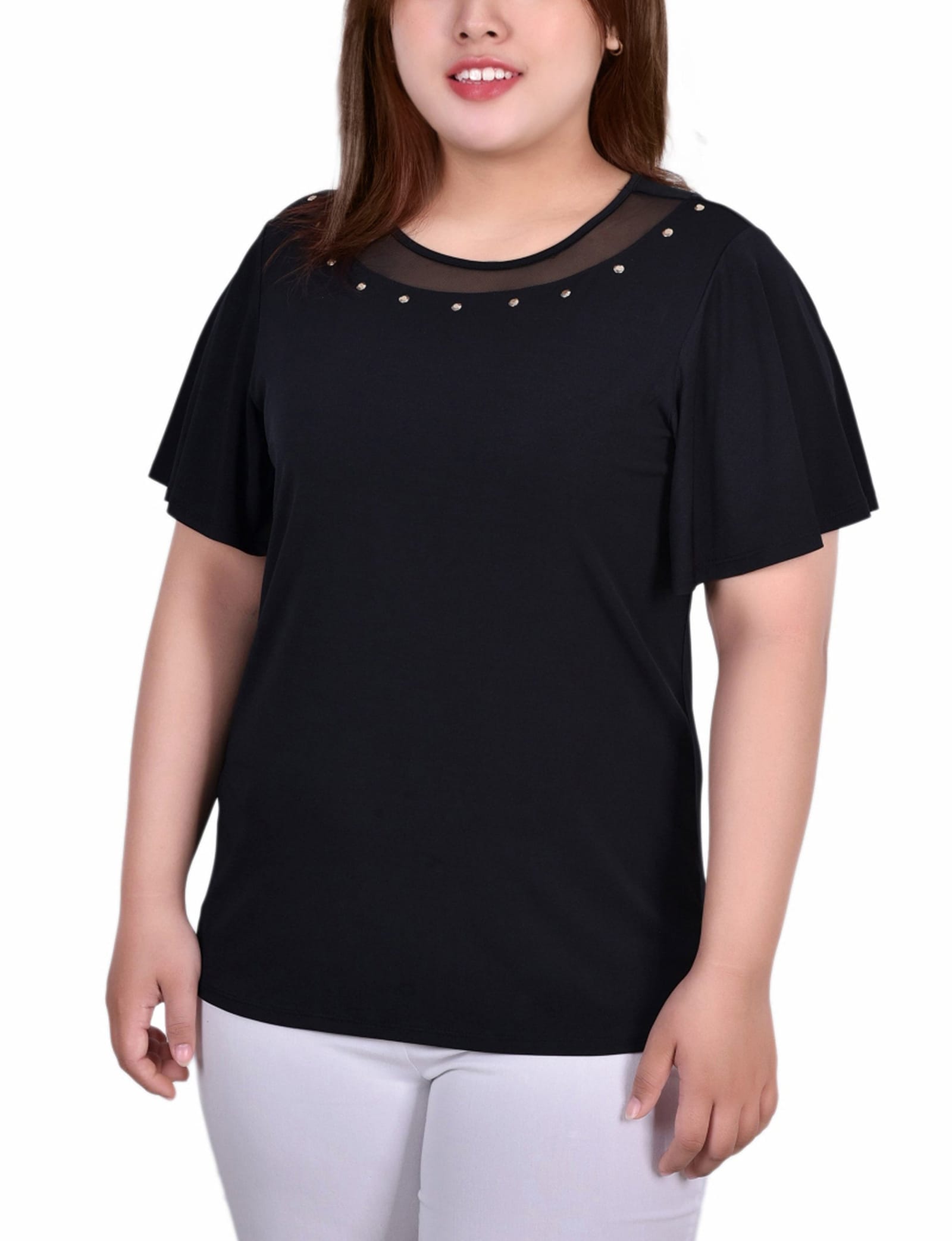Plus Size Short Sleeve Knit Top with Sheer Inset